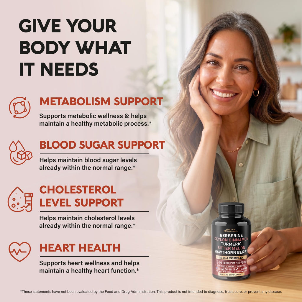 Berberine with Ceylon Cinnamon, Bitter Melon, Hawthorn & Turmeric - 60 Caps | 15in1 Supplement with ACV, Citrus Bergamot - Heart, Metabolism & Energy Support - for Men & Women - Vegan, 60-Day Supply