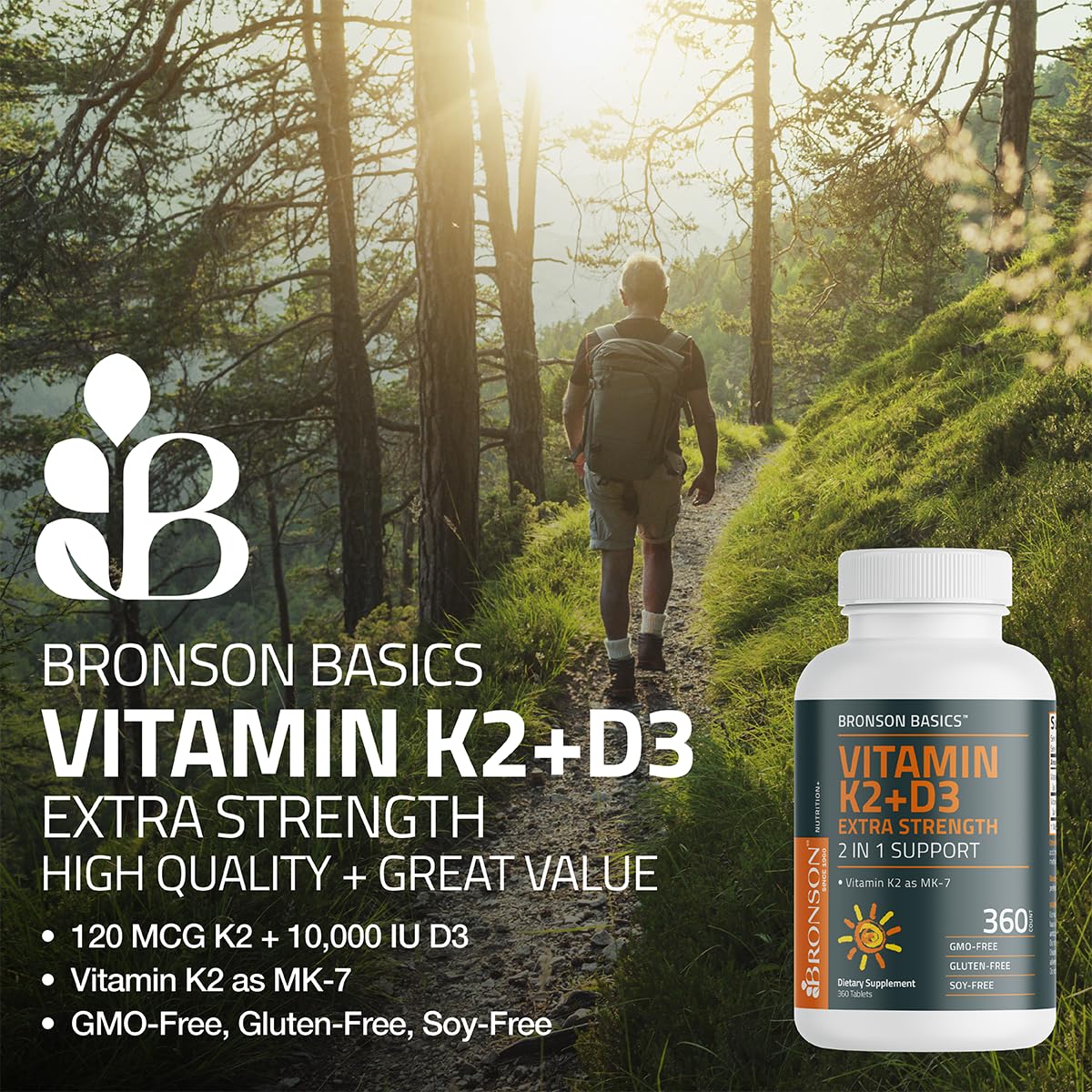 Bronson Vitamin K2 MK-7 + D3 10,000 IU Extra Strength, 360 Tablets | 120 mcg Vitamin K2 as MK-7 per Tablet, Bone Health Support, Non-GMO, Gluten-Free & Soy-Free