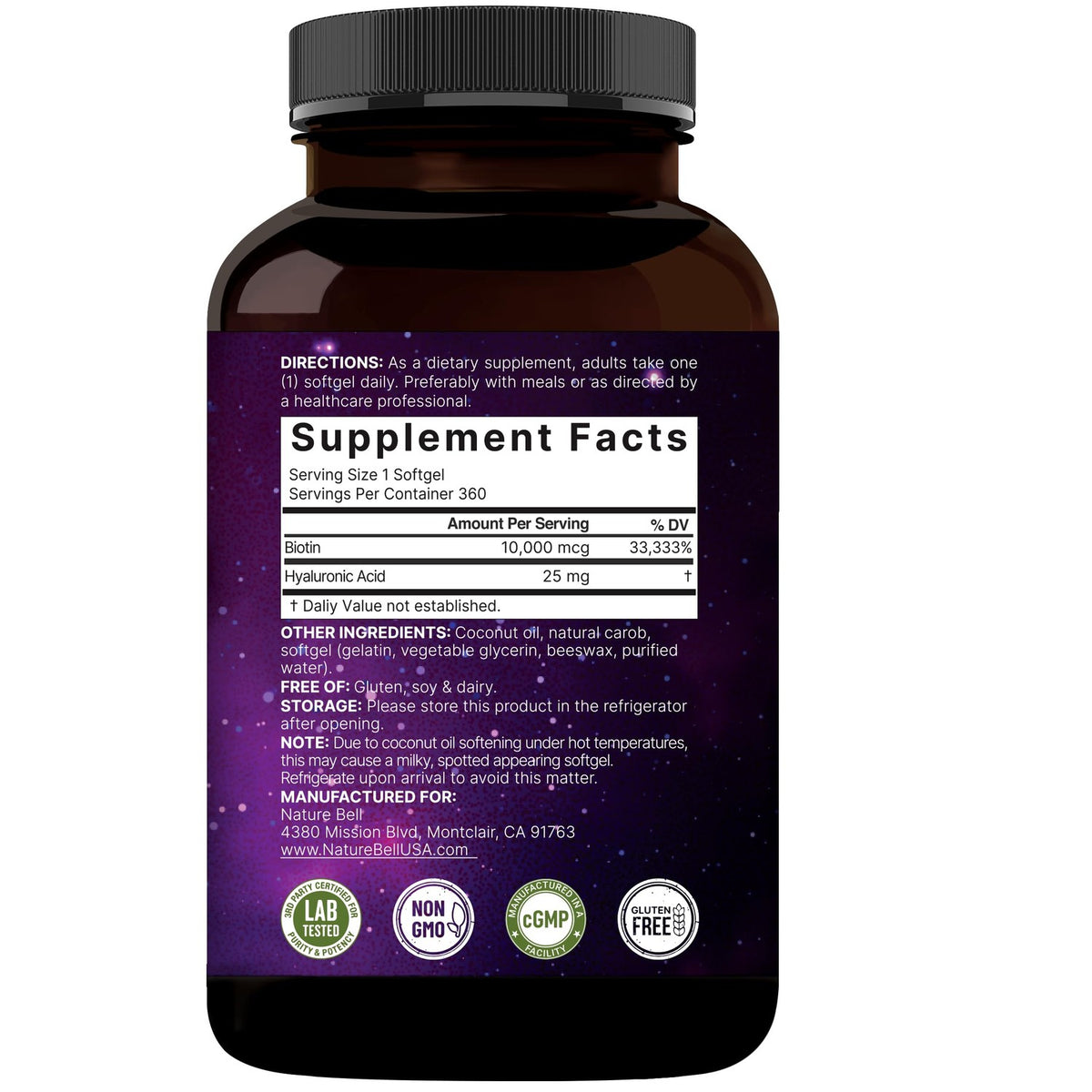 NatureBell Biotin 10000mcg + Hyaluronic Acid 25mg | 360 Coconut Oil Softgels, Premium Biotin Supplement for Hair Skin and Nails*