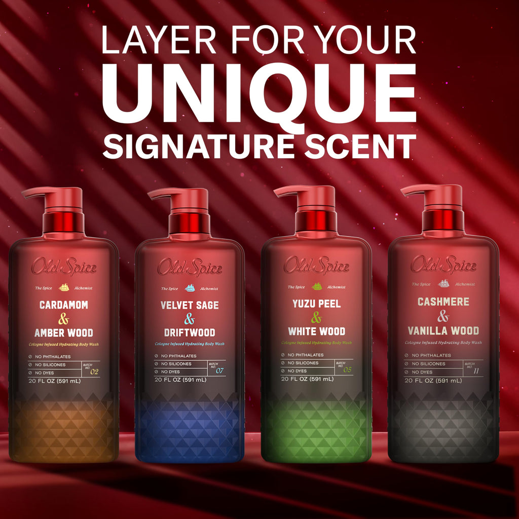 Old Spice Body Wash for Men, The Spice Alchemist Collection, 24/7 Cologne Infused Hydration, No Trade Off Formula, Free of Phthalates Silicones & Dyes, Cashmere + Vanilla Wood Scent, 20 oz