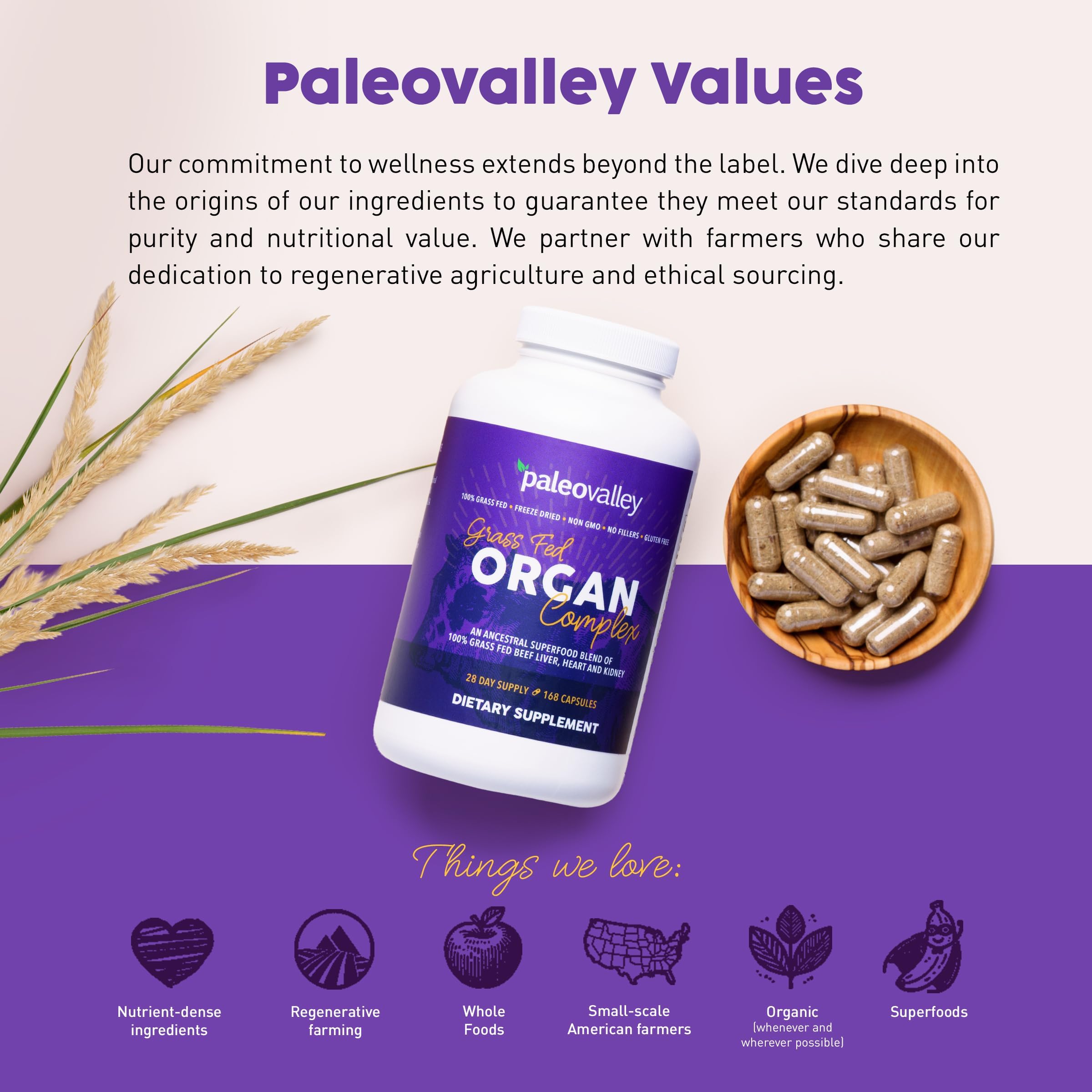 Paleovalley 100% Grass Fed Organ Complex, Beef Liver, Heart and Kidney | Whole Food Multivitamin, Vitamin B12 Supplement, Nutrient Dense Superfood, Freeze Dried, Pasture Raised, Ancestral Nutrition