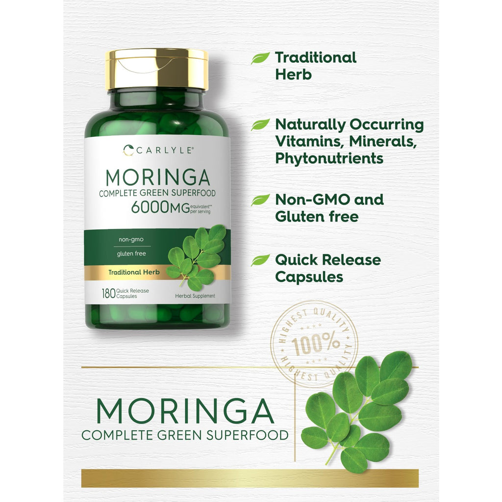 Carlyle Moringa Oleifera Supplement | 180 Capsules | Complete Green Superfood for Women and Men | From Moringa Leaf Powder | Non-GMO and Gluten Free