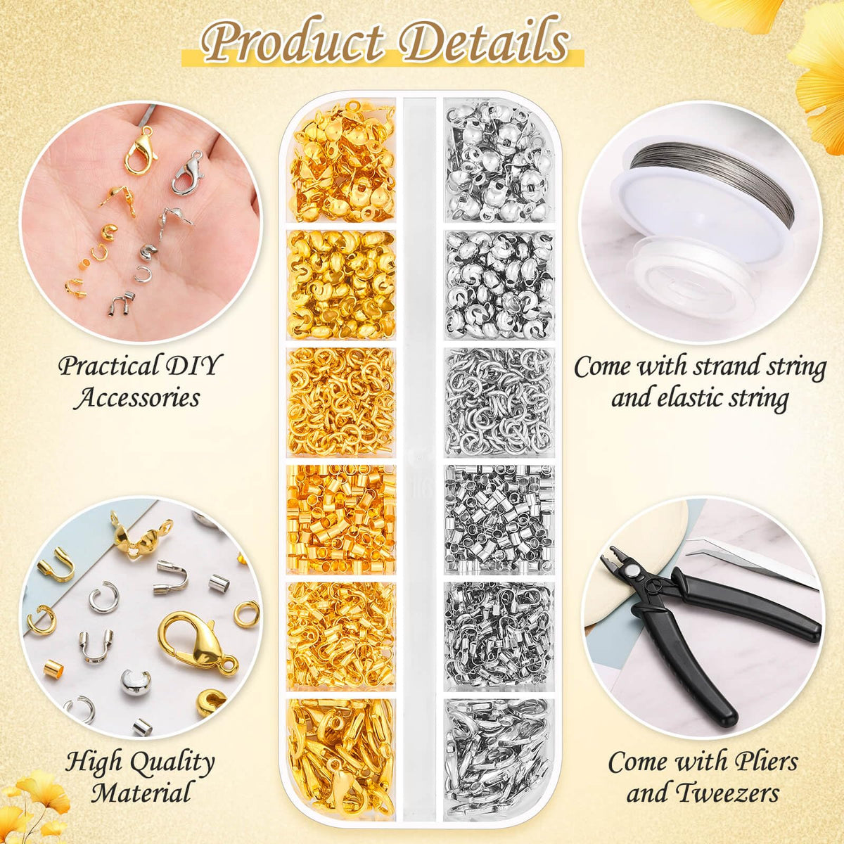 1200Pcs Crimp Beads Supplies for Jewelry Making, Including Crimp covers, Crimp Tubes, Bracelet Clasps and Closures, Crimp Ends, Jump Rings, Crimping Pliers and Beading Wire for Bracelets Making