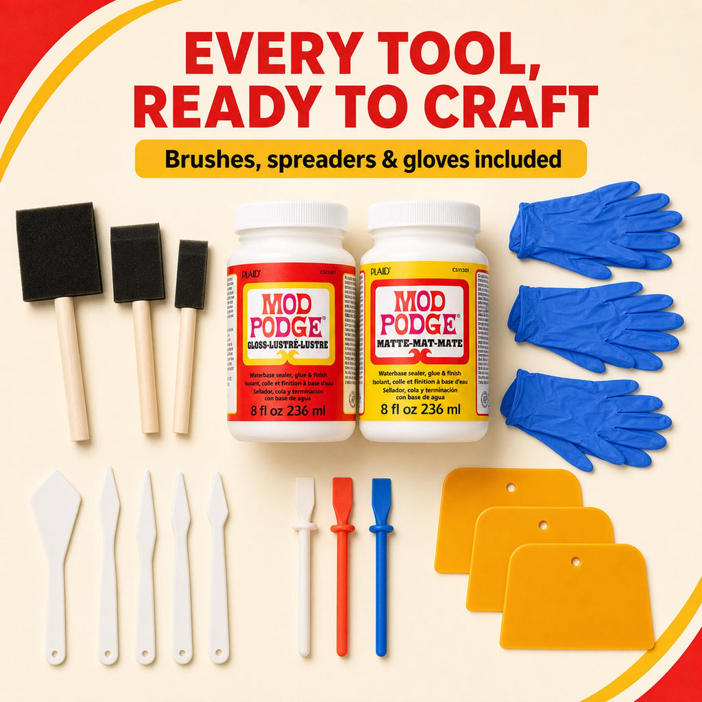 Mod Podge Bundle, 8 Ounce Gloss and Matte Medium Waterproof Sealer, Pixiss Accessory Kit with Foam Brushes, Gloves, Glue Spreaders and More 8oz