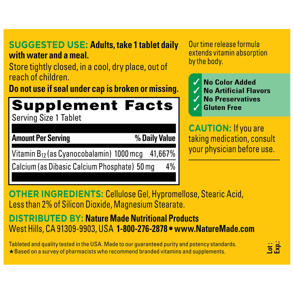 Nature Made Vitamin B12 1000 mcg Time Release Tablets, 160 Tablets | B12 Vitamins for Women and Men, Dietary Supplement for Energy Metabolism Support, Gluten Free, 160 Day Supply