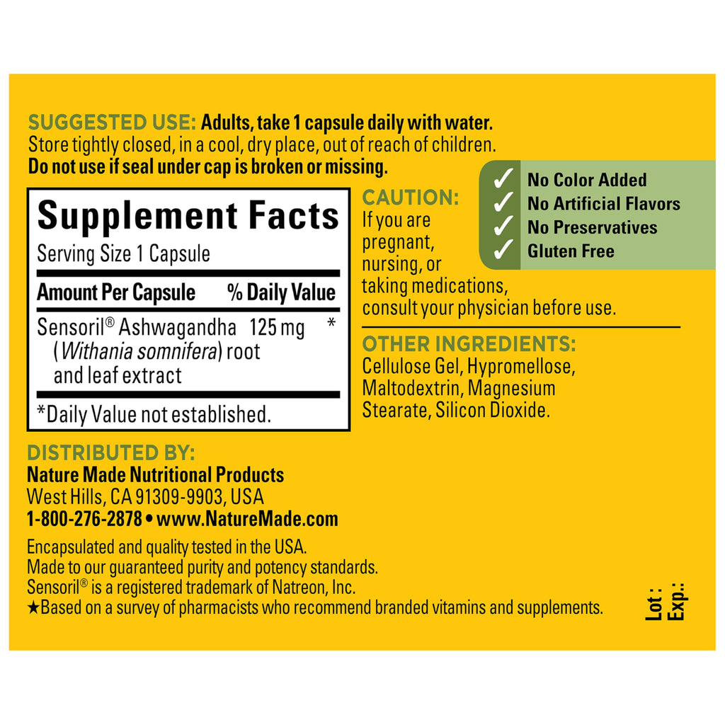 Nature Made Ashwagandha Capsules 125mg for Stress Support, 60 Capsules | Ashwagandha Supplements with Clinically Studied Sensoril Ashwagandha, Herbal Supplement for Men and Women, 60 Day Supply