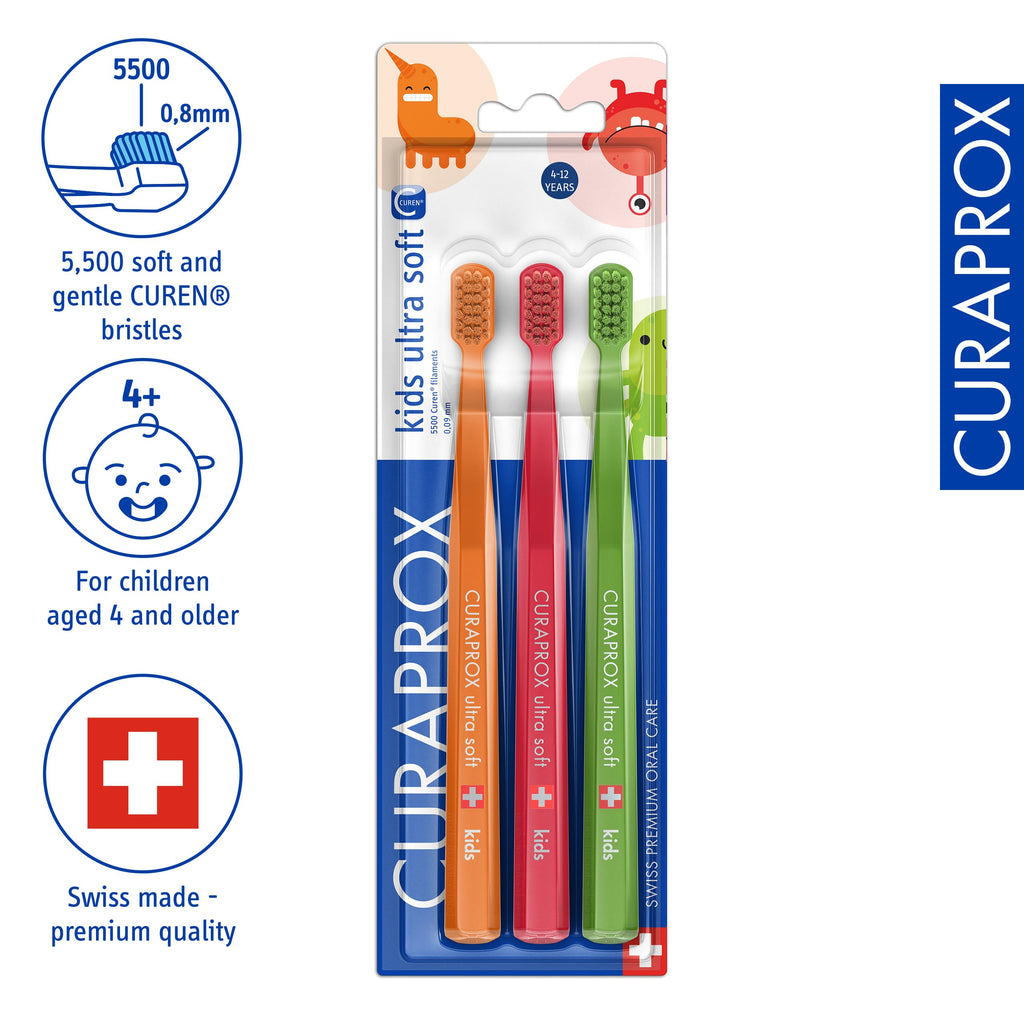 Curaprox Kids Ultra Soft Toothbrush, Random Colors, 3-Pack, Swiss Made