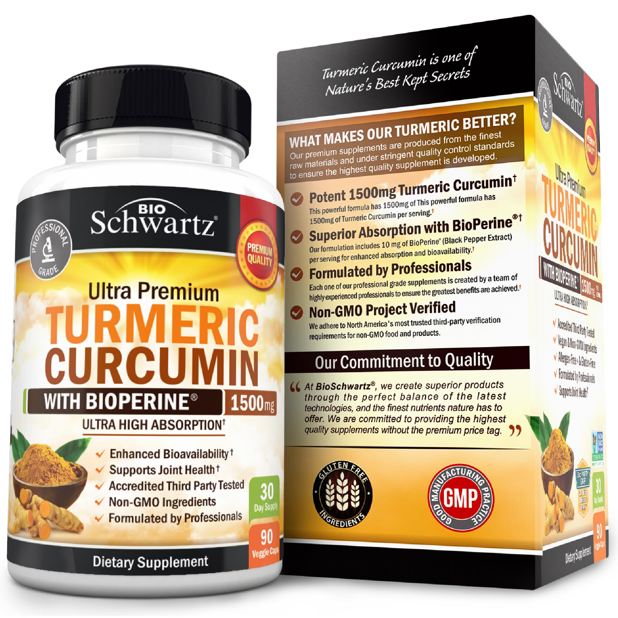 Turmeric Curcumin with Black Pepper Extract 1500mg - Turmeric Supplement | High Absorption Ultra Potent Tumeric Capsules with 95% Curcuminoids and BioPerine for Joint Support - Non-GMO, 90 Capsules