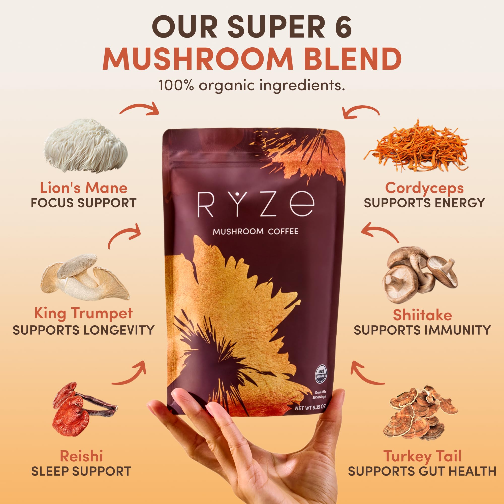 RYZE SUPERFOODS Mushroom Coffee, 30 servings