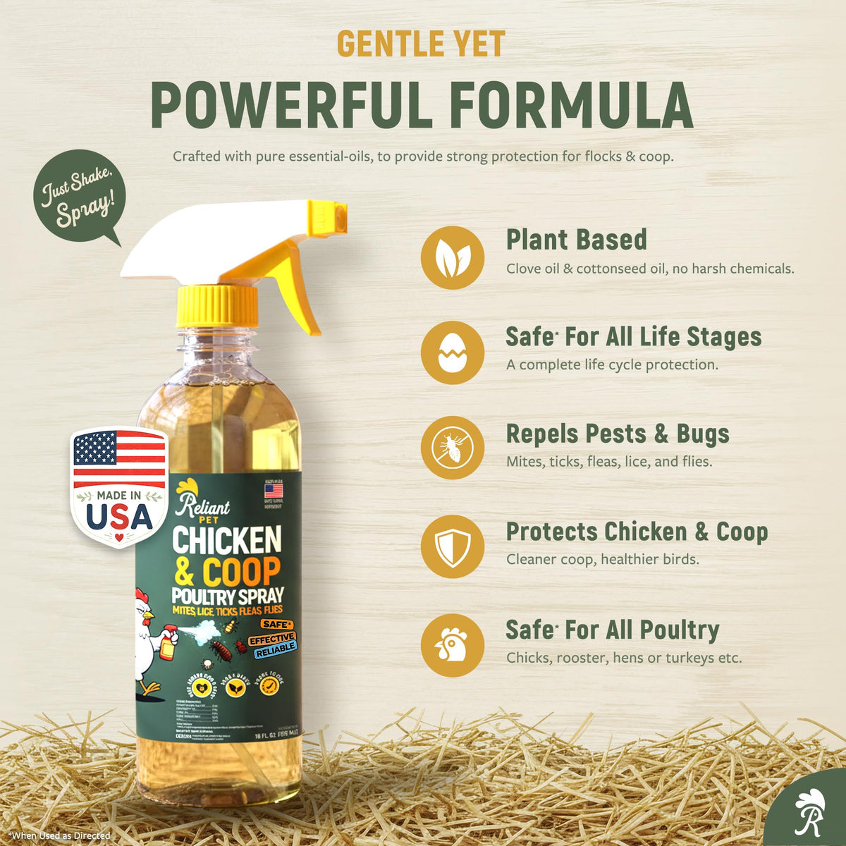 Reliant Pet Chicken and Coop Poultry Spray for Mite's Lice Ticks Fleas and Flies - Dust Mite Spray 16oz - Chicken Coop Fly Spray - Made in USA - Chicken Coop Accessories