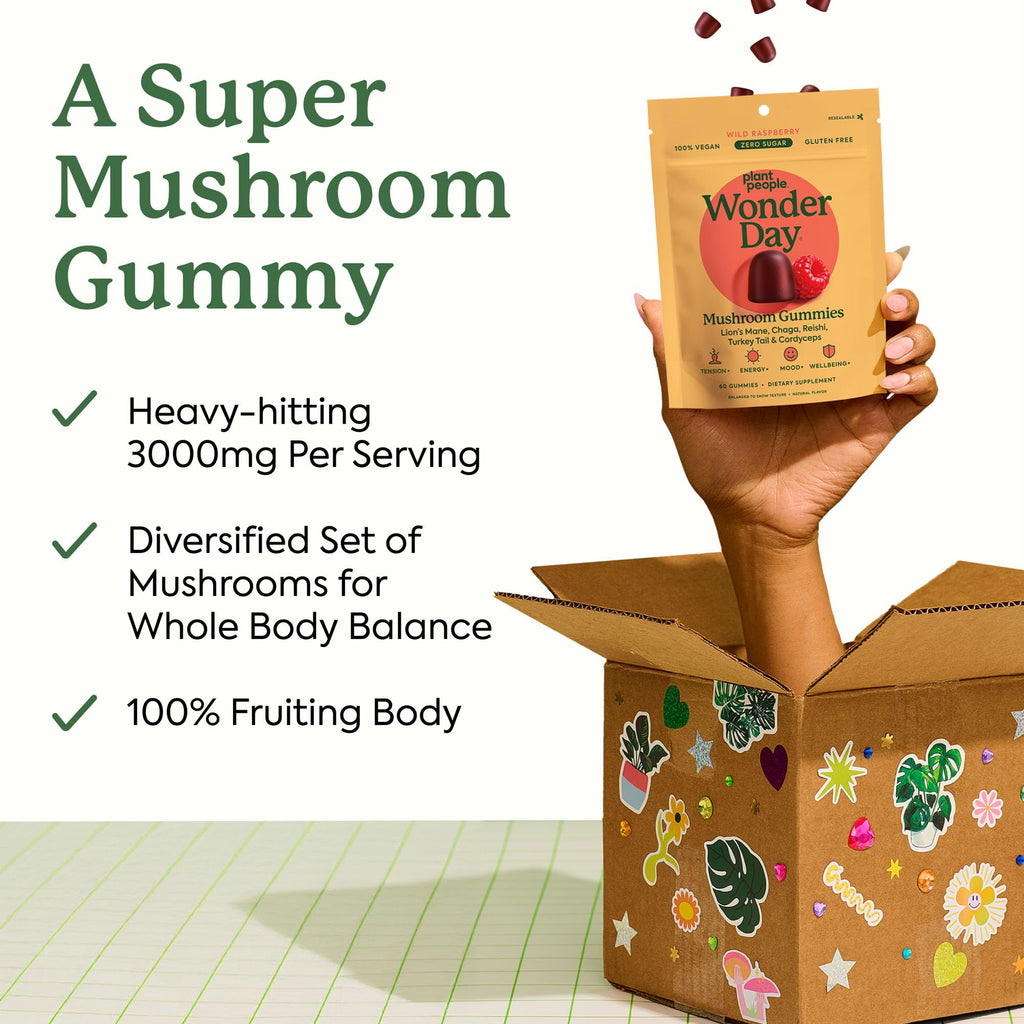 Plant People WonderDay Mushroom Gummies for Energy, Raspberry, 60ct | Chaga Mushroom Supplement to Support Immune System De-Stress Boost Mood & Energy in Adults Natural, Vegan, Non-GMO