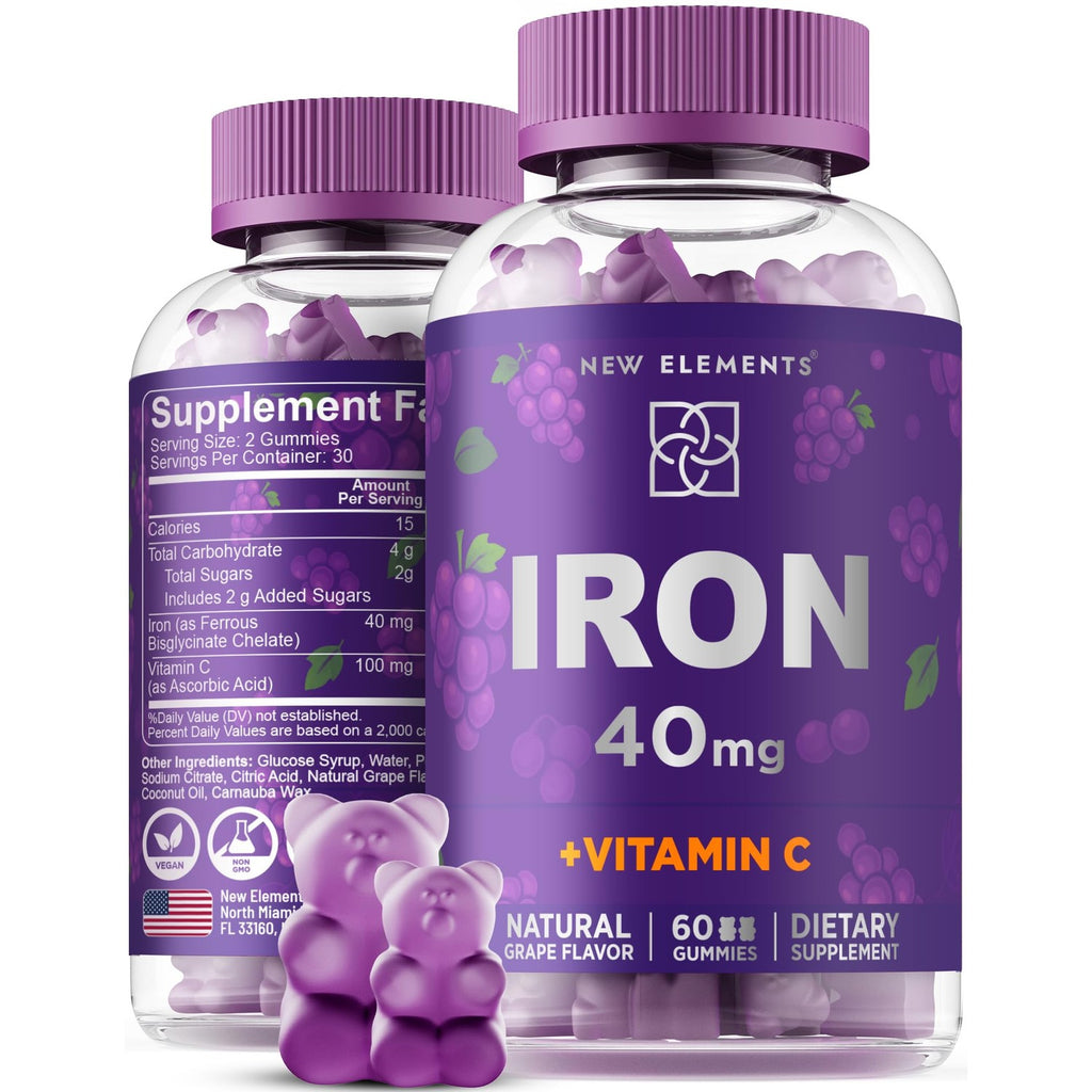 New Elements Iron Gummies 40mg with Vitamin C 100mg – Best Iron Supplement for Women, Men & Adults – Free Blood Builder for Anemia – Immune Support & Energy Booster | Fruit Pectin | Vegan | Non-GMO