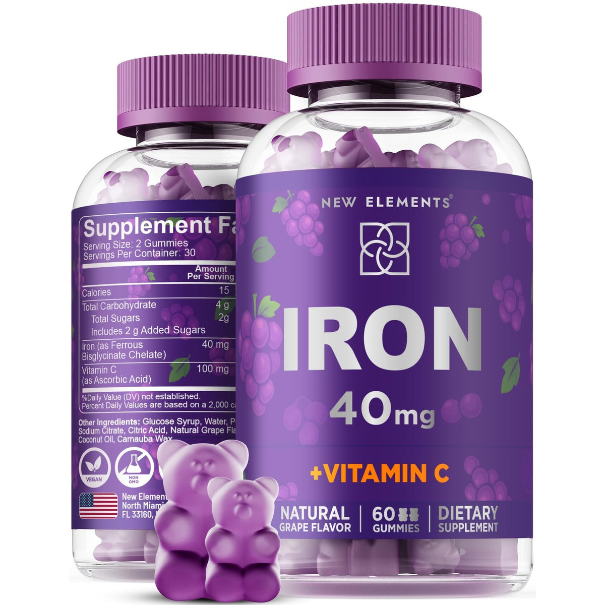 New Elements Iron Gummies 40mg with Vitamin C 100mg – Best Iron Supplement for Women, Men & Adults – Free Blood Builder for Anemia – Immune Support & Energy Booster | Fruit Pectin | Vegan | Non-GMO