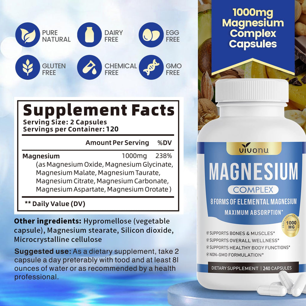 1000mg Magnesium Complex Capsules, 8-in-1 Magnesium Glycinate, Citrate, Malate, Taurate, Oxide, Carbonate, Aspartate, Orotate - 240 Capsules (1 Bottle (240 Capsules))