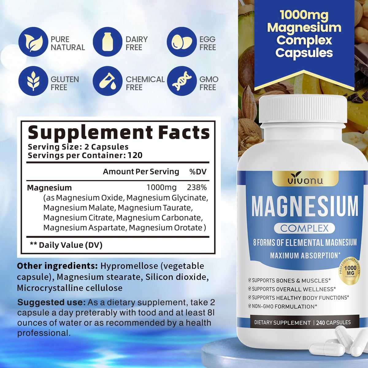 1000mg Magnesium Complex Capsules, 8-in-1 Magnesium Glycinate, Citrate, Malate, Taurate, Oxide, Carbonate, Aspartate, Orotate - 240 Capsules (1 Bottle (240 Capsules))