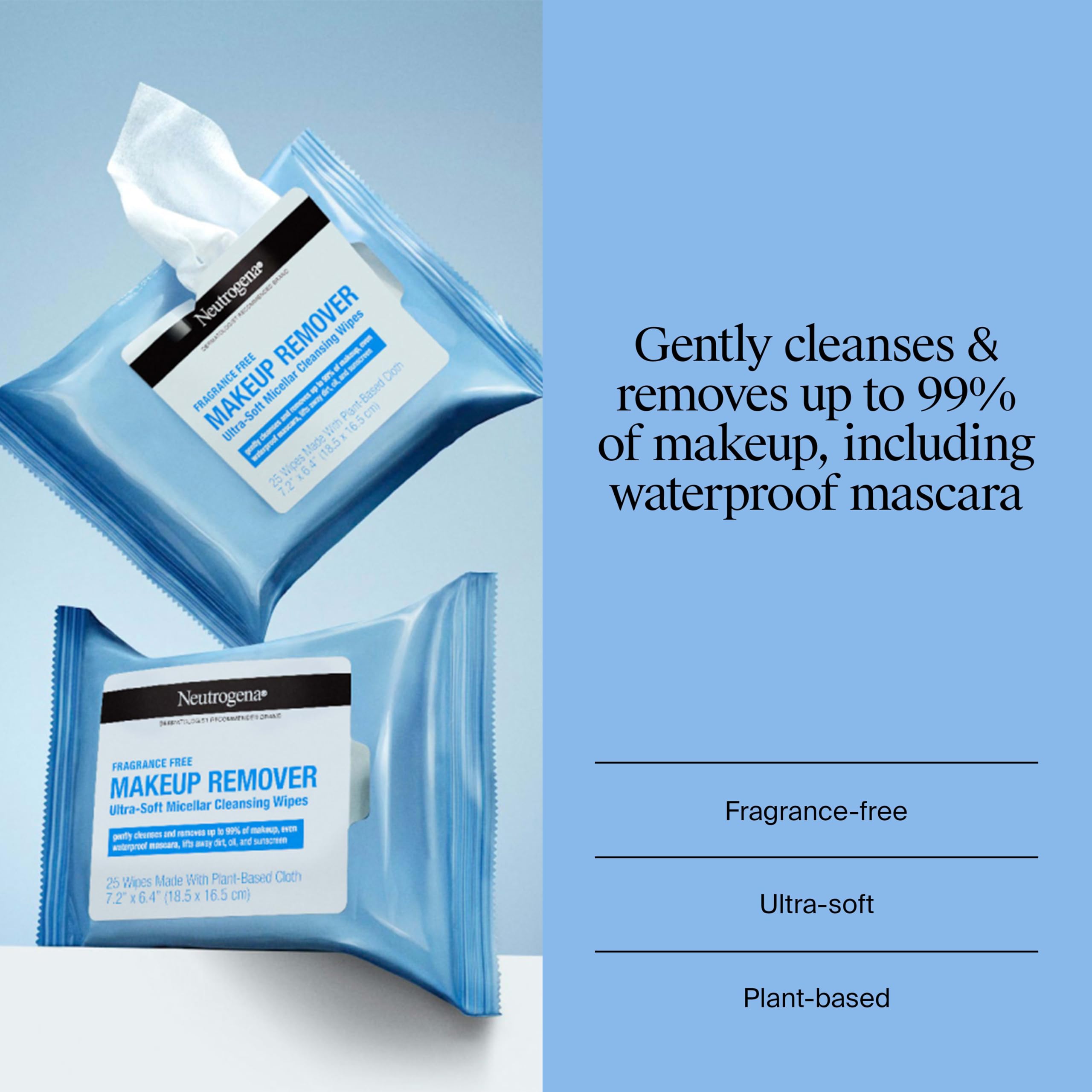 Neutrogena Makeup Remover Wipes, Fragrance-Free, 2 Pack of 25 Ct | Micellar Cleansing Cloths, Gently Removes Oil, Dirt, and Waterproof Makeup, Plant-Based Cloth, Twin Pack