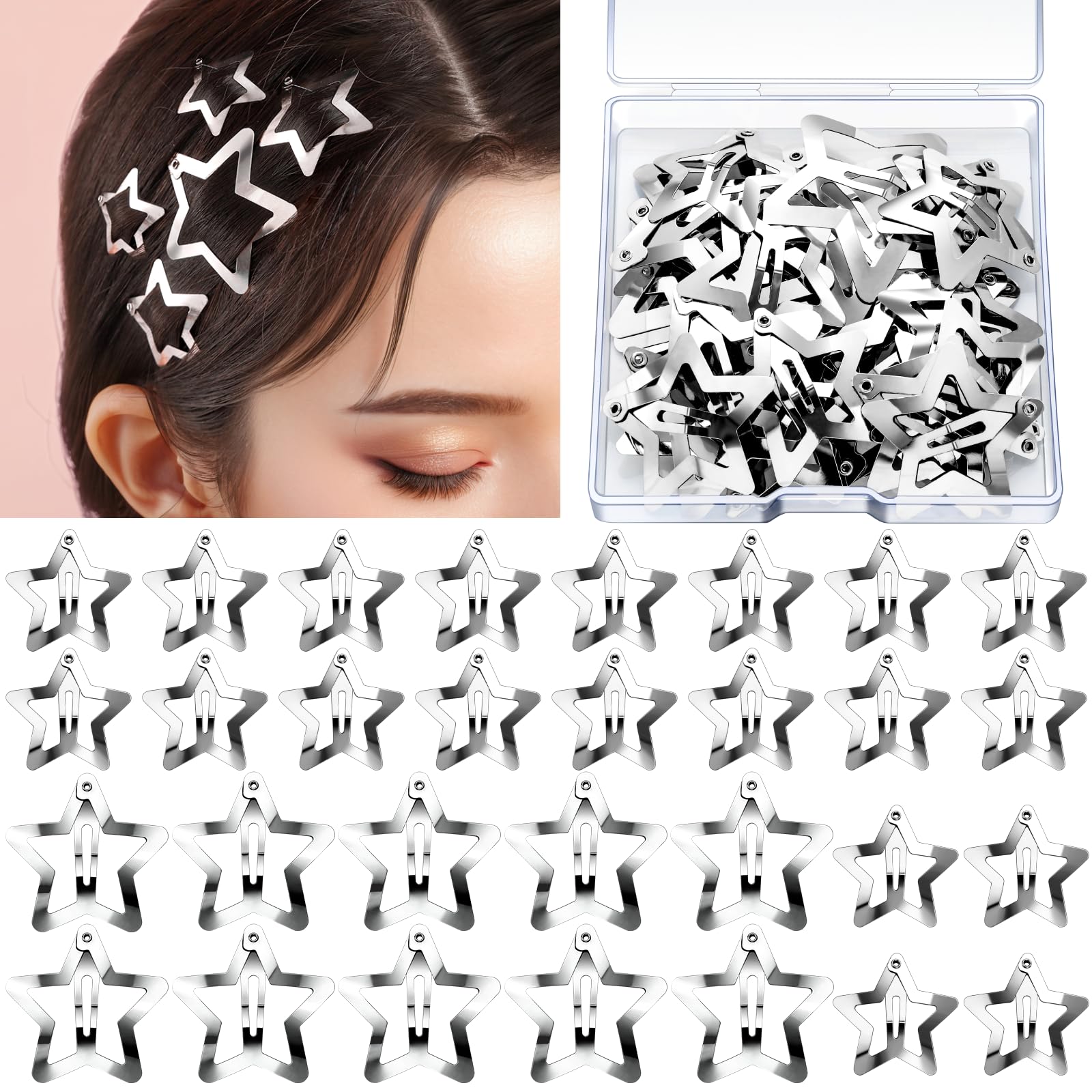 YGDZ Star Hair Clips Y2K Hair Barrettes, 20 PCS Gold 1.22" Y2K Hair Accessories, 10 PCS 1.61" Metal Snap Hair Clips for Girls Women, for Rave outfits, Concert