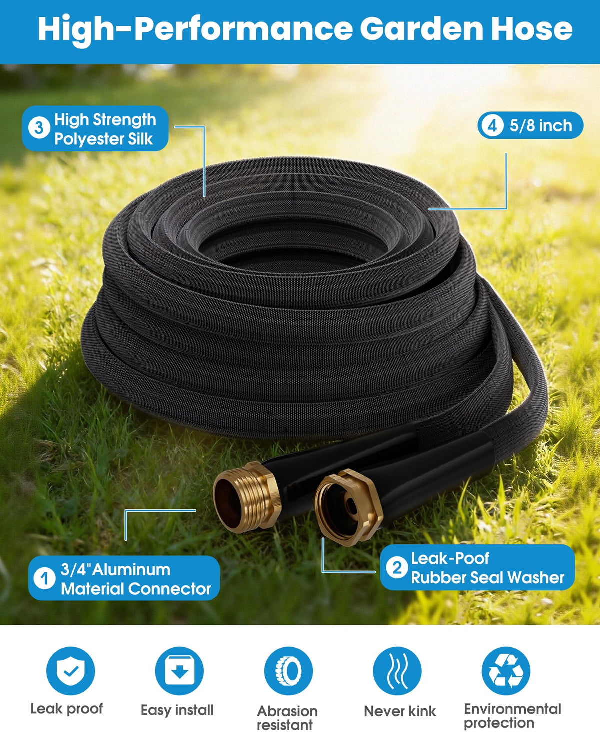 100 FT Garden Hose, Non-Expanding Water Hose, Ultra Flexible, Burst-Resistant, Kink-Free, High-Pressure Garden Hose for Easy All-Weather Use on Lawns, Gardens, and Outdoor Cleaning