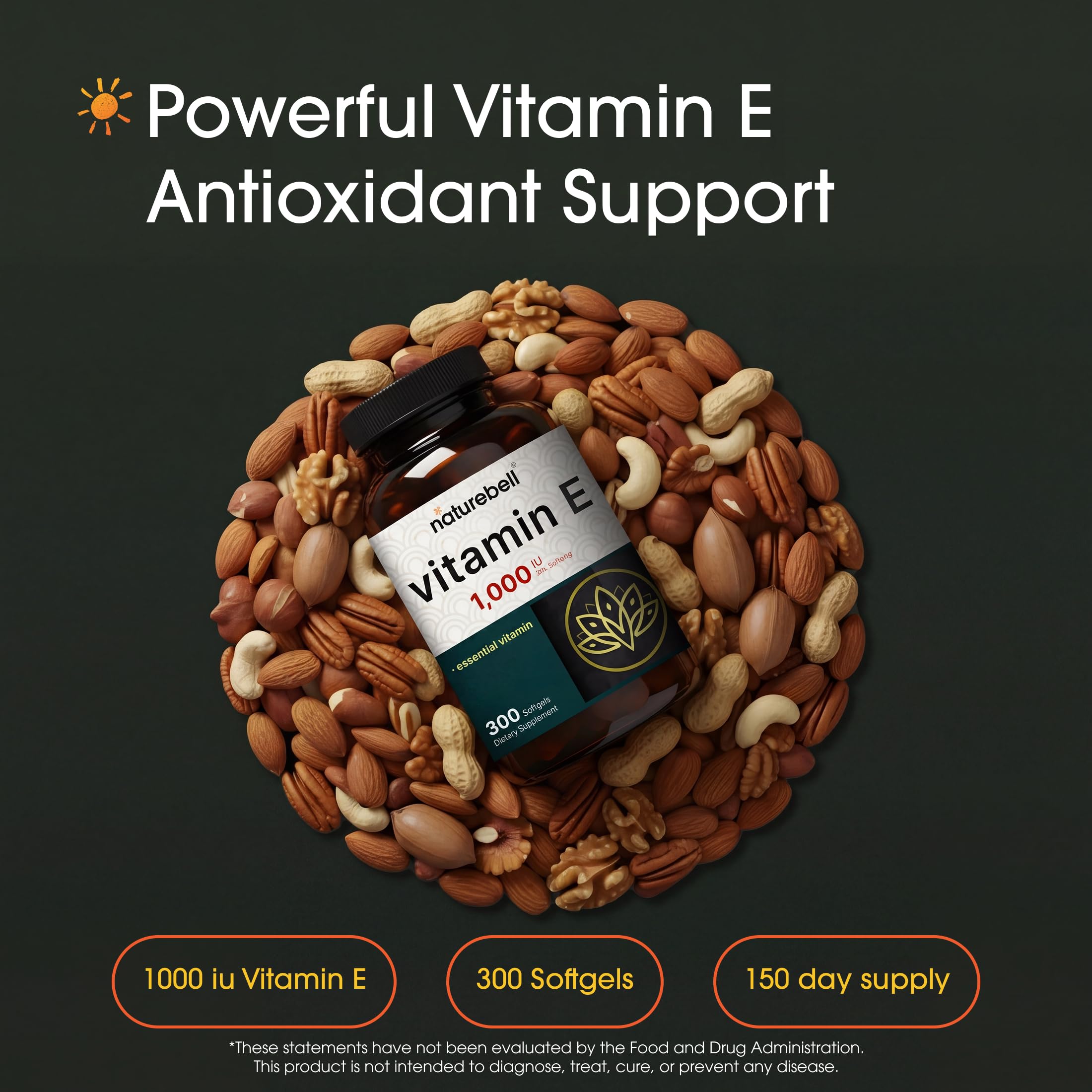 NatureBell Vitamin E 1,000 IU Per Serving - 300 Softgels (5-Month Supply) - 3rd Party Tested Antioxidant Supplement for Skin, Heart & Brain Health Support - High Potency* - Gluten-Free & Non-GMO