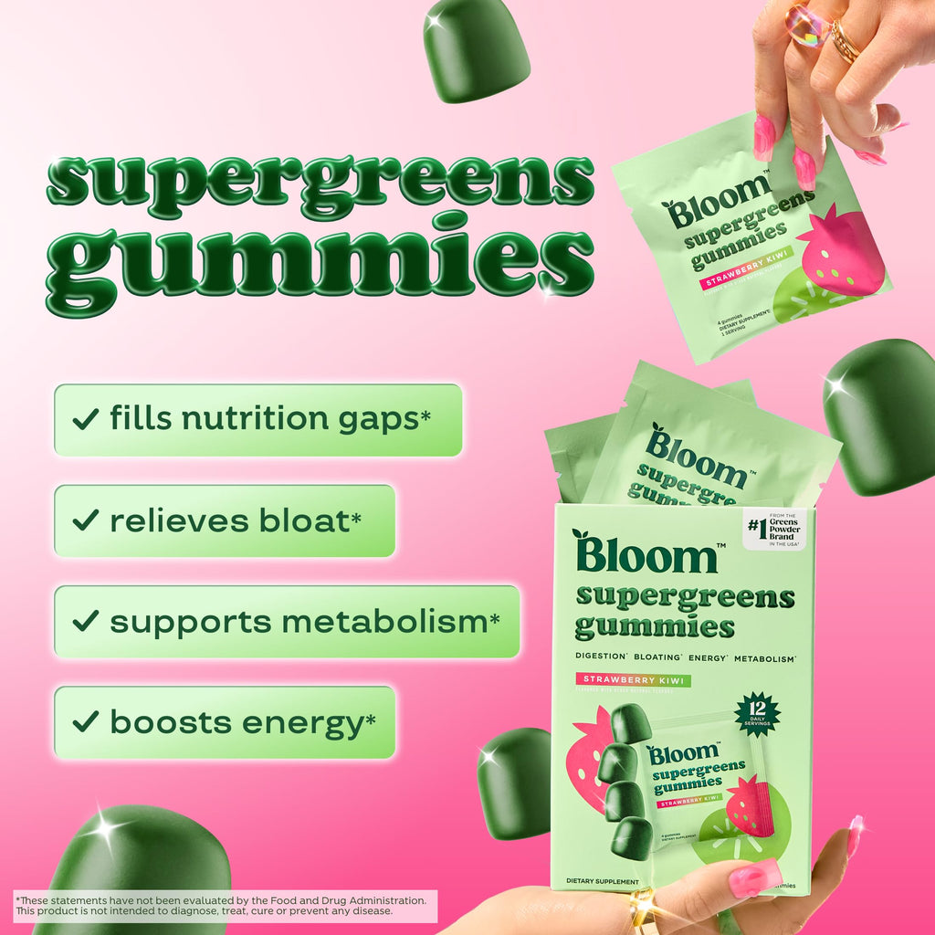 Bloom Nutrition Super Greens Gummies, Strawberry Kiwi, 12 Servings | Daily Superfood Fiber Gummies with Fruits, Vegetables, Vitamins & Minerals for Digestive & Gut Health, Bloating Support
