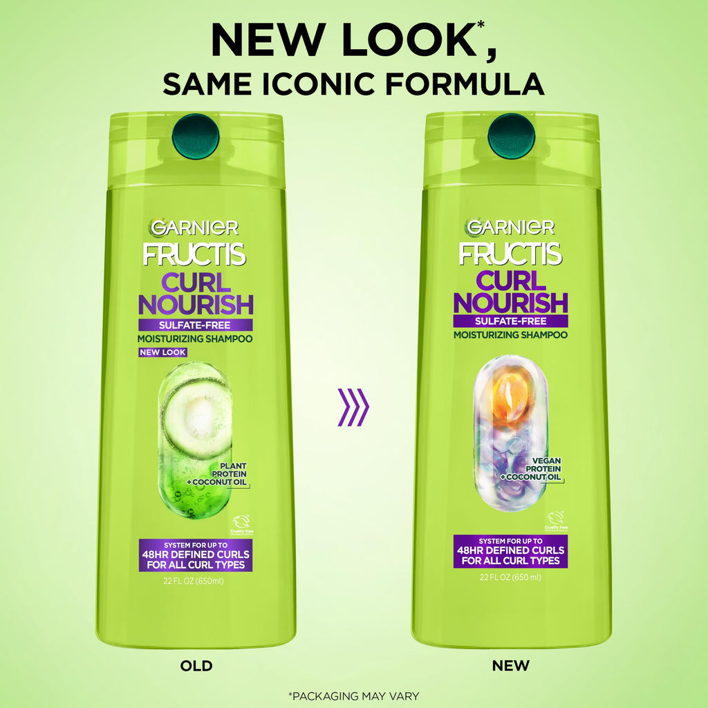Garnier Fructis Curl Nourish Moisturizing Shampoo for Curly Hair, Plant Protein and Coconut Oil Formula, Up to 48HR of Curl Definition, Sulfate Free & Vegan, 22 Fl Oz (Packaging May Vary)