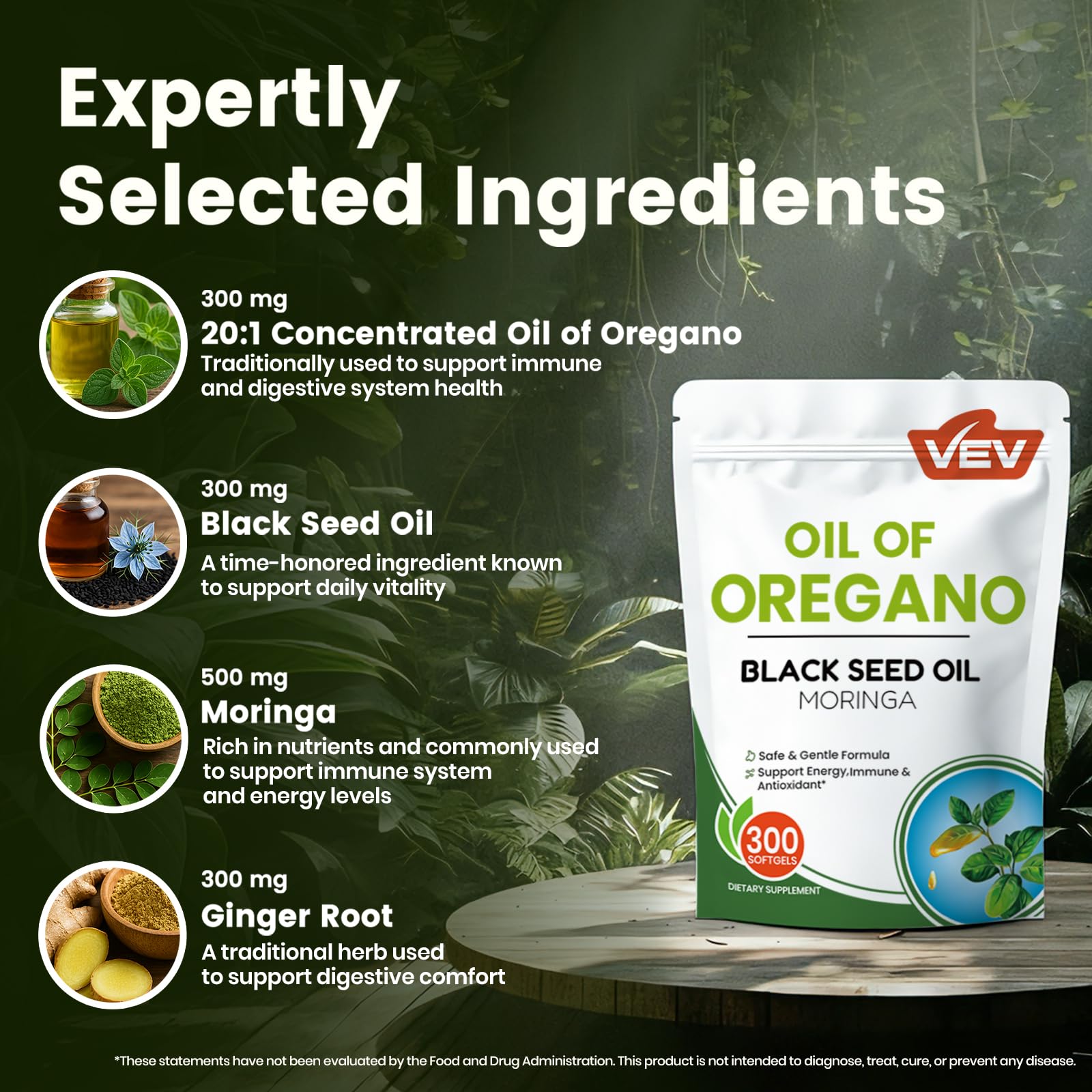 VEV Oil of Oregano with Black Seed Oil & Moringa, Organic, 300 Softgels | Aceite de Orégano, Carvacrol-Rich, Opaque Airtight Packaging