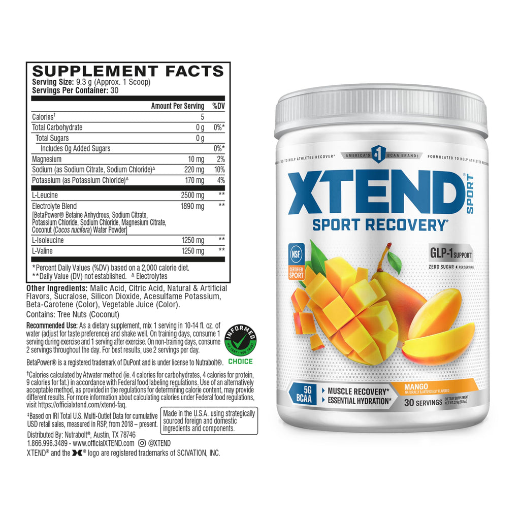 Xtend Sport BCAA Powder for Recovery, Mango, 30 Servings | Mango flavor with 5g BCAAs & electrolytes for muscle recovery, hydration and daily performance.