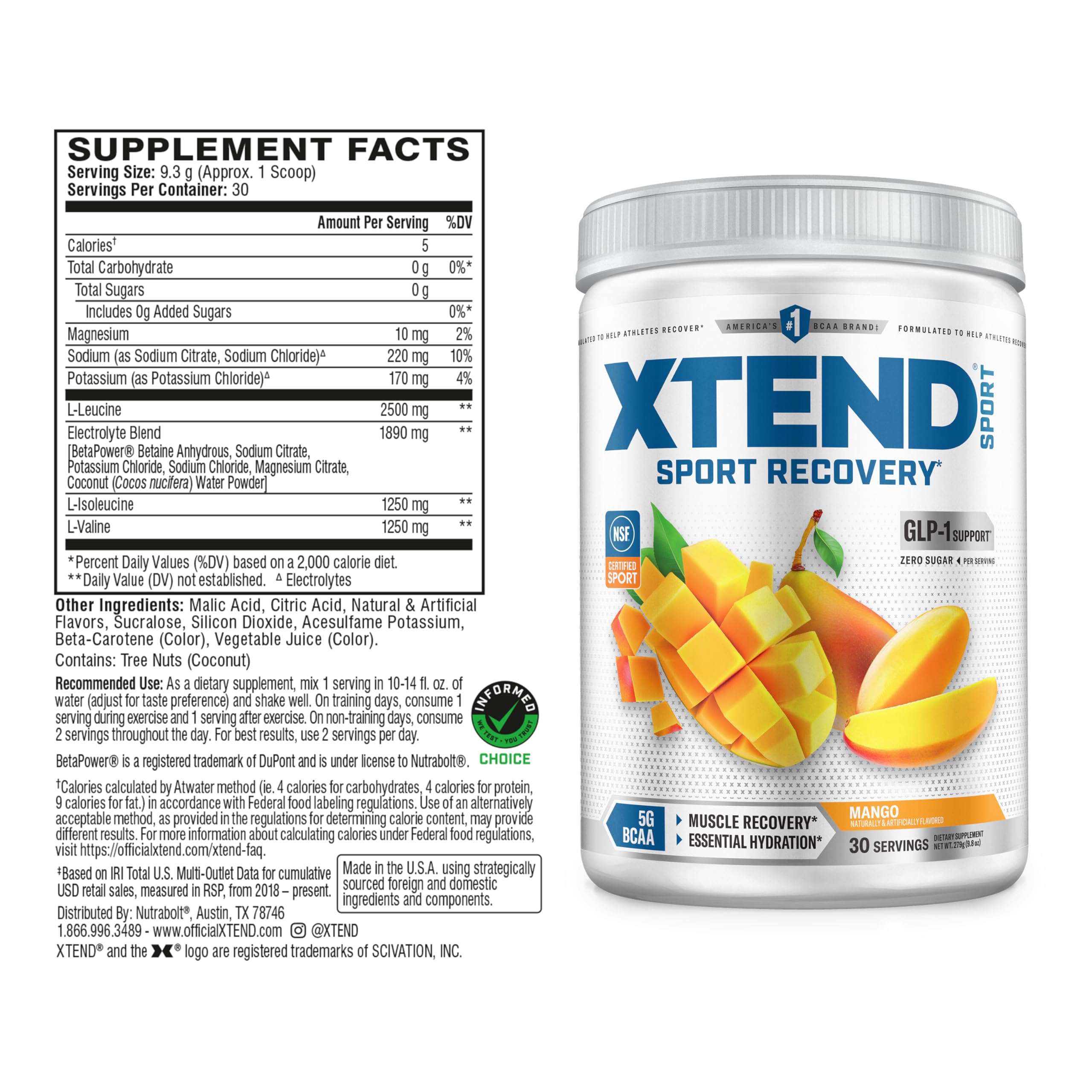 Xtend Sport BCAA Powder for Recovery, Mango, 30 Servings | Mango flavor with 5g BCAAs & electrolytes for muscle recovery, hydration and daily performance.