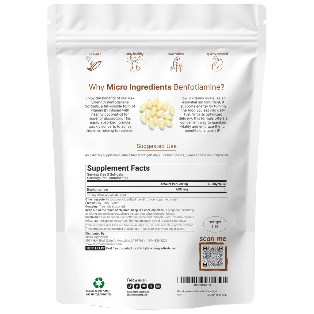 Vitamin B1 Benfotiamine 600mg Per Serving, 240 Coconut Oil Softgels | Bioavailable B Vitamins Supplement, Converted to Active Thiamine | Non-GMO, Soy Free