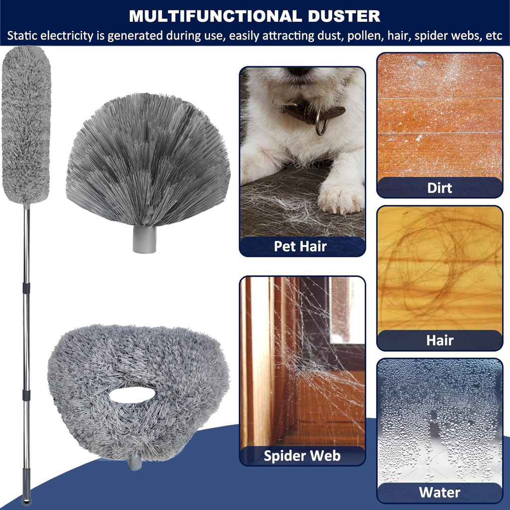 Tonmp 3 Pack 20+ Feet High Reach Grey Microfiber Feather Duster with 3-14 ft Spliceable Pole Cobweb Duster for Cleaning Fan, Spider Web, High Ceiling, Blinds, Furniture Cleaning Tool Kit, Gray