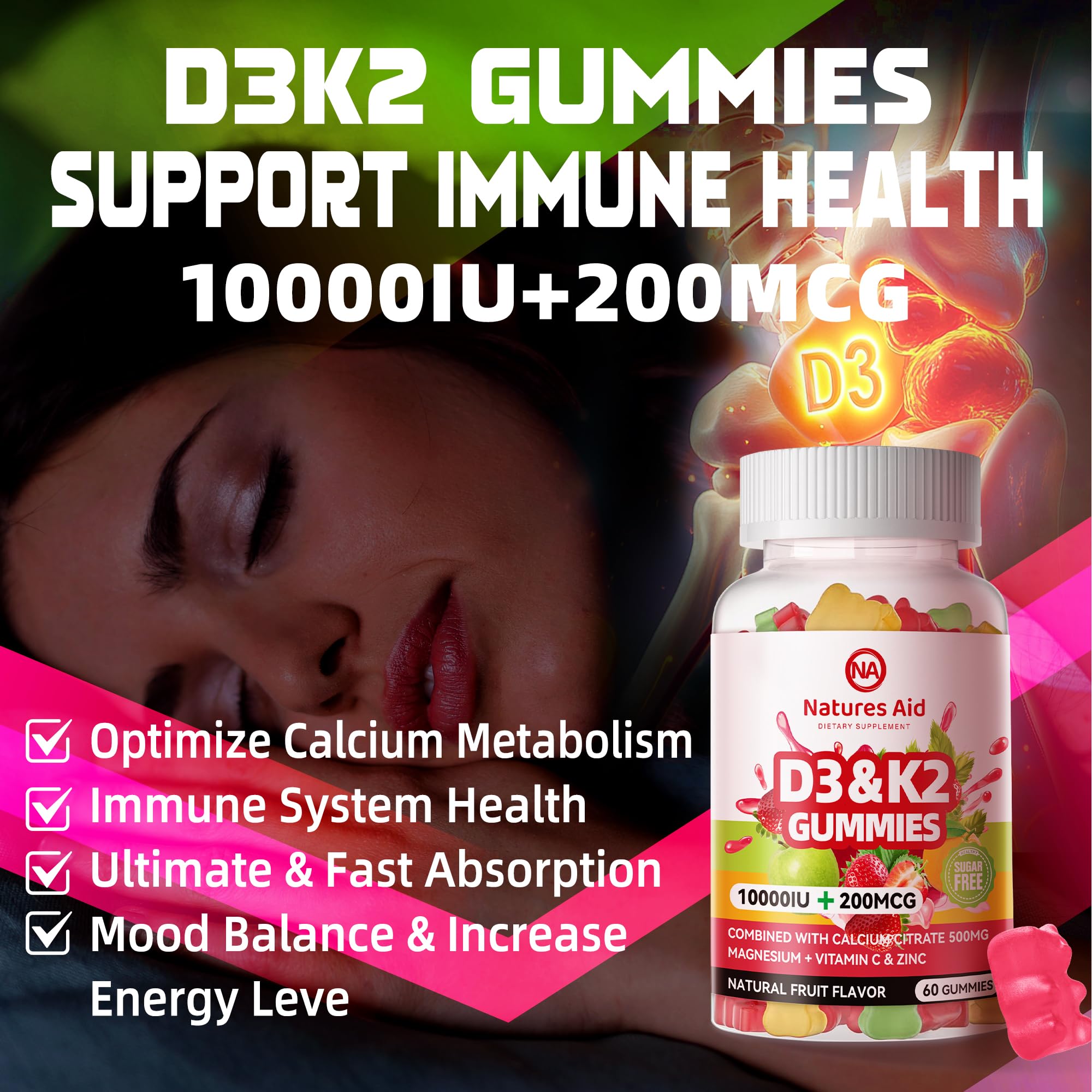 Natures aid Sugar-Free Vitamin D3 K2 Gummies with Calcium + K2 (MK-7), Magnesium Citrate, Vitamin C, Extra Strength - Ultimate Absorption for Bone Muscle Teeth Immune, Vegan - 120 Gummies