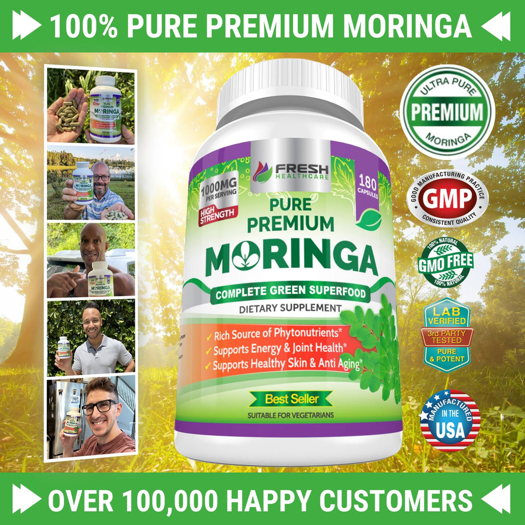 FRESH HEALTHCARE Moringa Capsules - 100% Pure Leaf Powder Supplement, 180 Pills, Non-GMO, 3 Month Supply, Complete Green Superfood for Energy, Skin, Immune and Gut Health Support