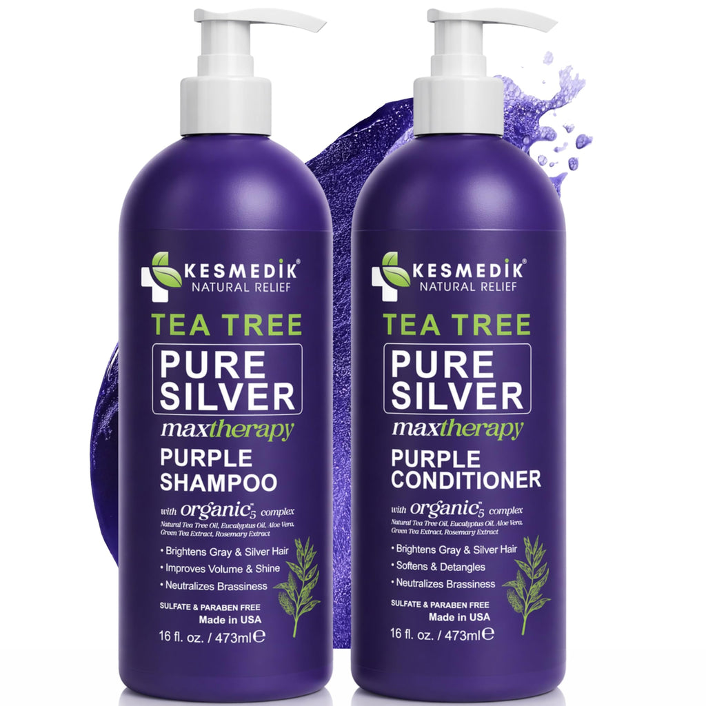 Tea Tree Purple Shampoo and Conditioner Set for Blonde, Silver & Gray Hair, Anti-Brass Toning & Brightening, Refreshes and Hydrates Scalp & Hair, Sulfate-Free Botanical Formula