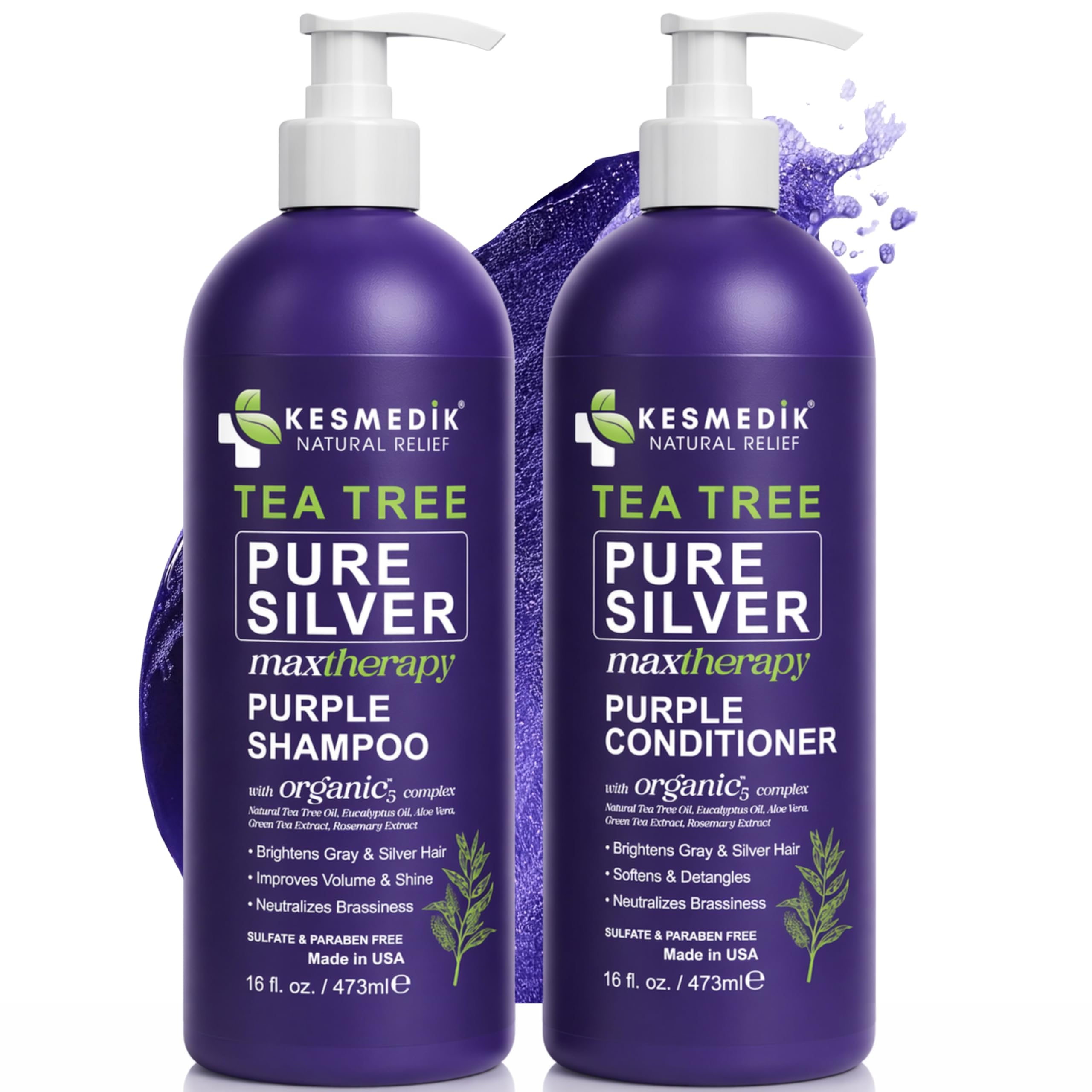 Tea Tree Purple Shampoo and Conditioner Set for Blonde, Silver & Gray Hair, Anti-Brass Toning & Brightening, Refreshes and Hydrates Scalp & Hair, Sulfate-Free Botanical Formula