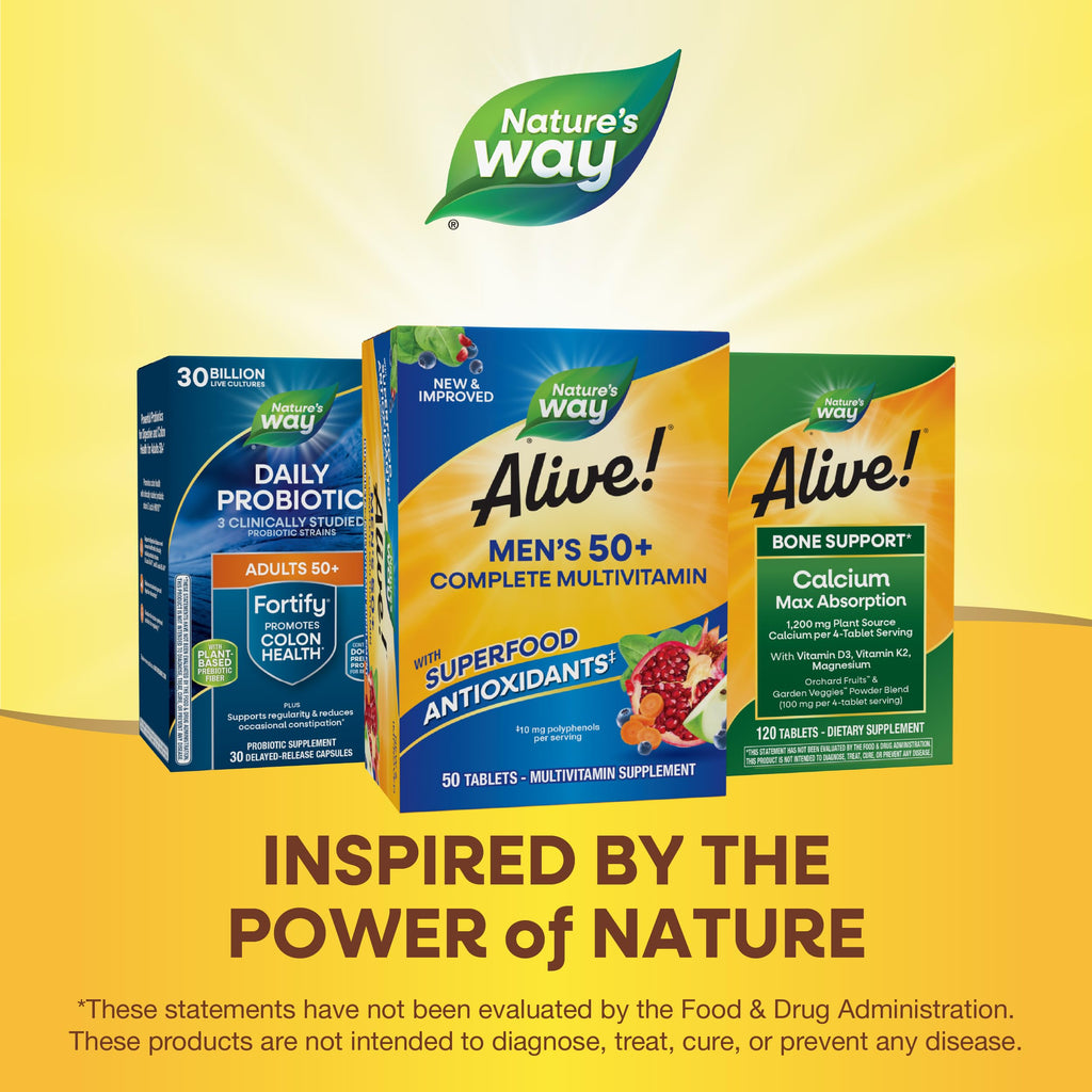 Nature's Way Alive! Men’s 50 Plus Multivitamin Complete Tablets, 50 ct | Daily Multivitamin for Men Over 50, Supports Cellular Energy Metabolism, Heart, Muscle & Eye Health*, High Potency Vitamins