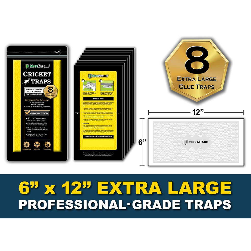 MaxGuard Extra Large Cricket Traps (8 Traps) | Non-Toxic Extra Sticky Glue Board Pre-Baited Cricket Attractant Trap & Kill House Crickets, Insects, Spiders, Bugs
