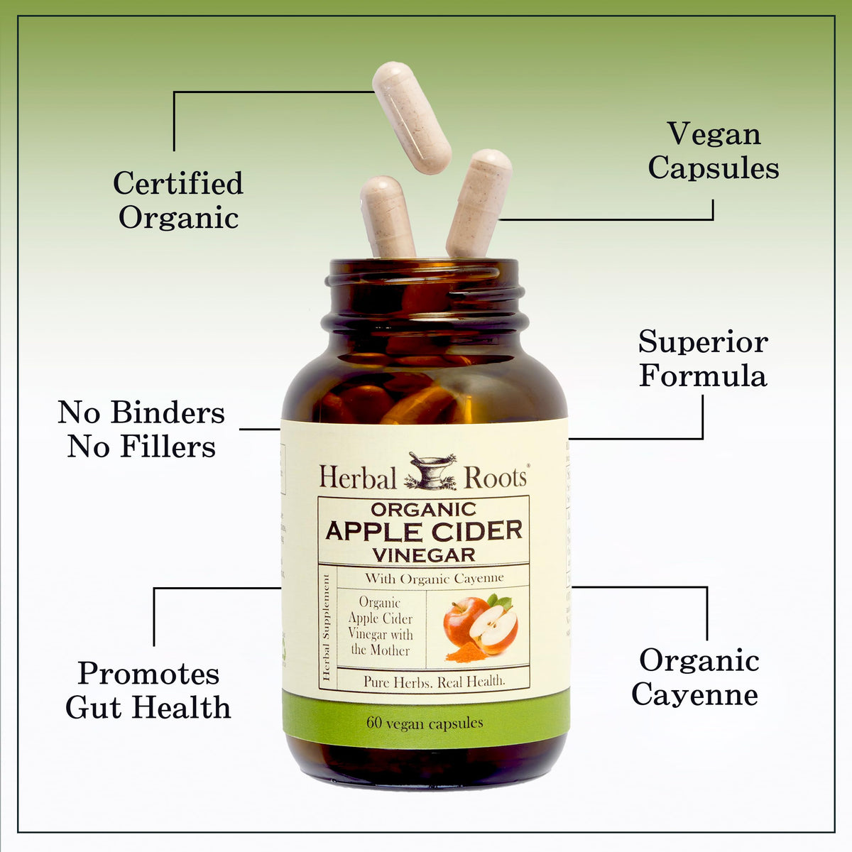 Herbal Roots Organic Apple Cider Vinegar Capsules with Mother - Pure Extra Strength - 60 Vegan Capsules