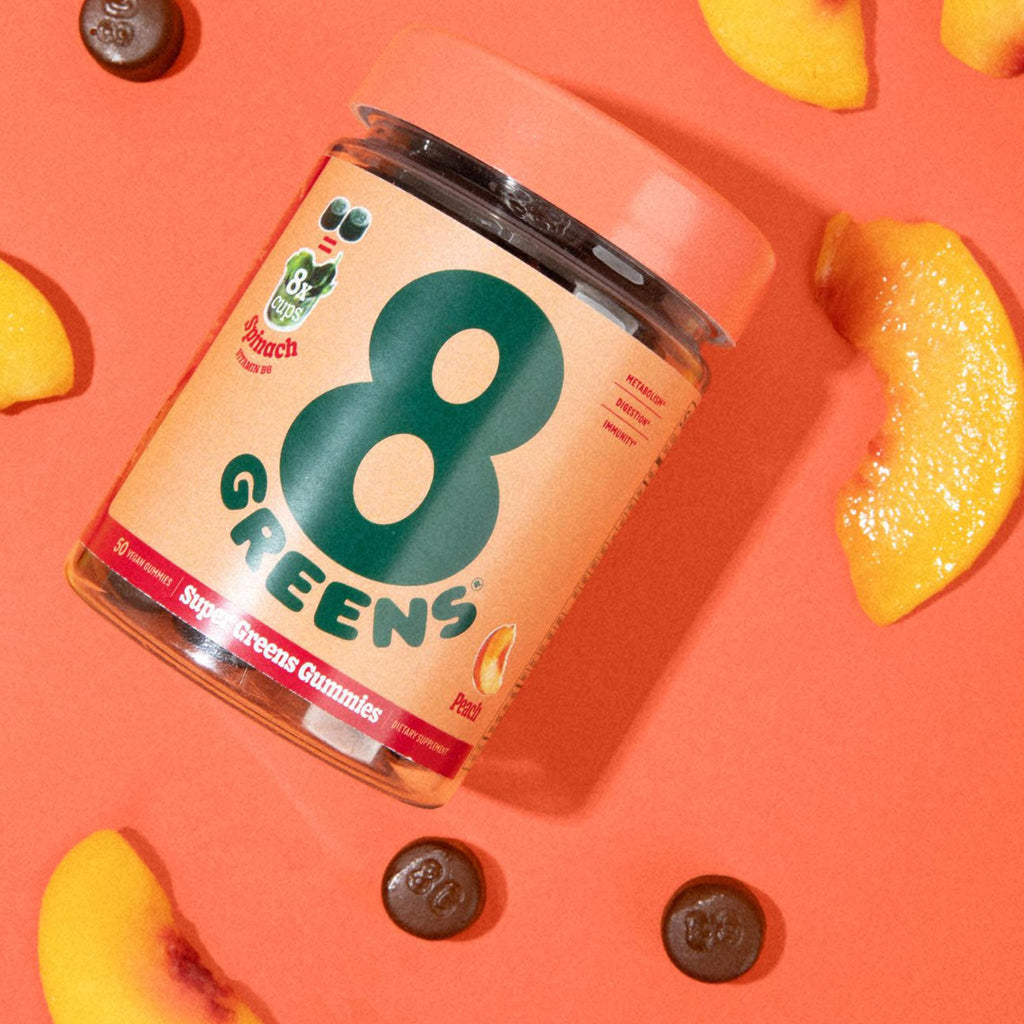 8Greens Daily Greens Gummies, Peach, 100 Count | Spinach, Wheatgrass, Blue Green Algae, Spirulina, Aloe Vera, Chlorella, and Barley Grass; For Metabolism, Immunity & Focus