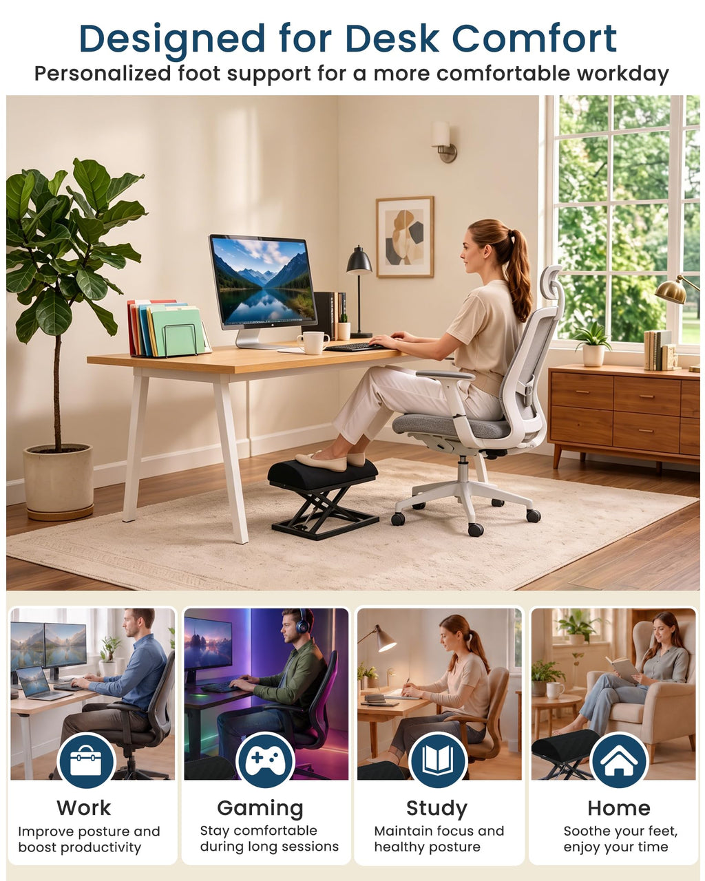 Step-to-Adjust Foot Rest—Truly Infinite Height, No Bending Needed