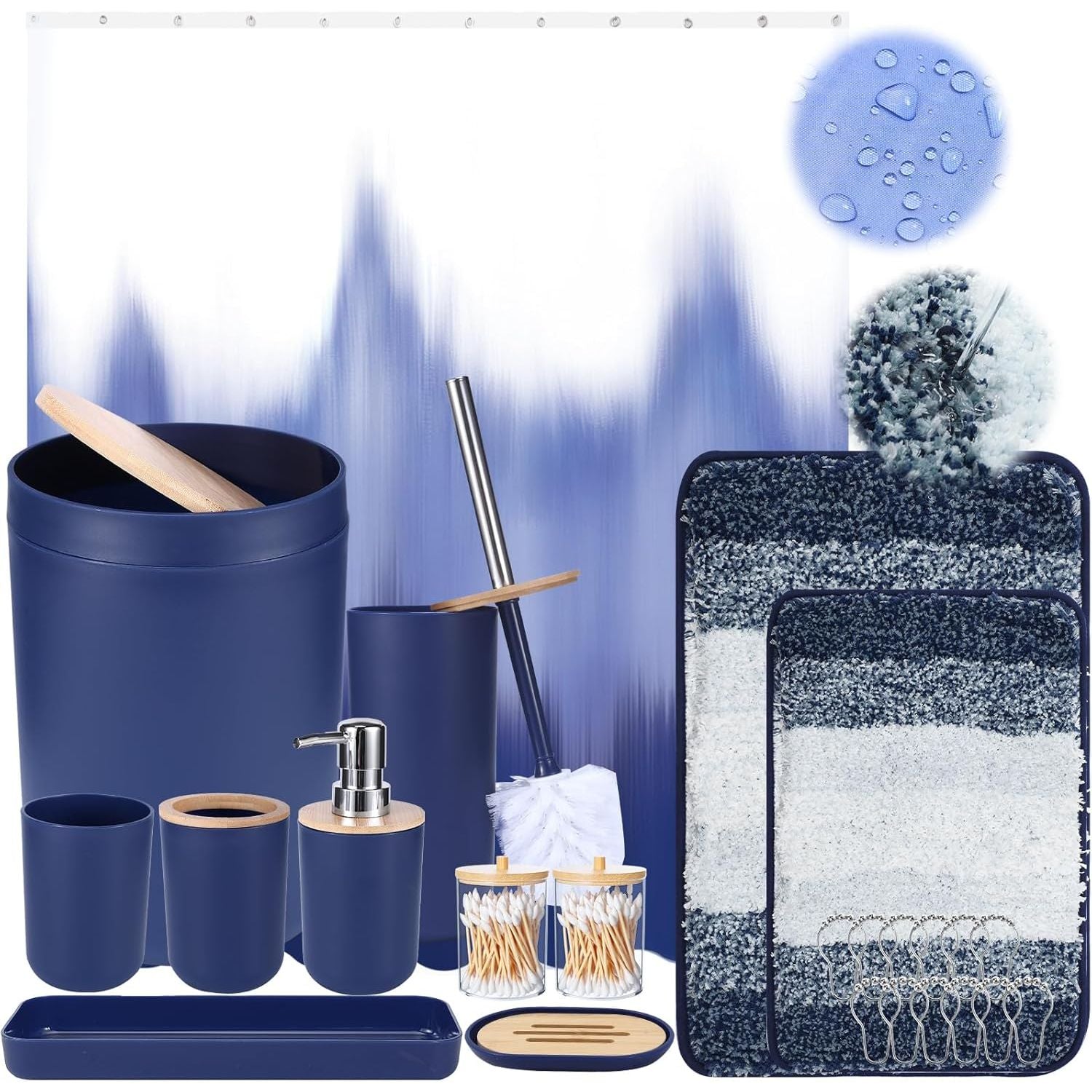 Buy now iMucci 9Pcs Black Bathroom Accessories Set with Trash Can Bathroom Set Black Bathroom Accessories Bathroom Decor Bath Set+Shower Curtain+Bath Rug Navy Blue at indiglob india