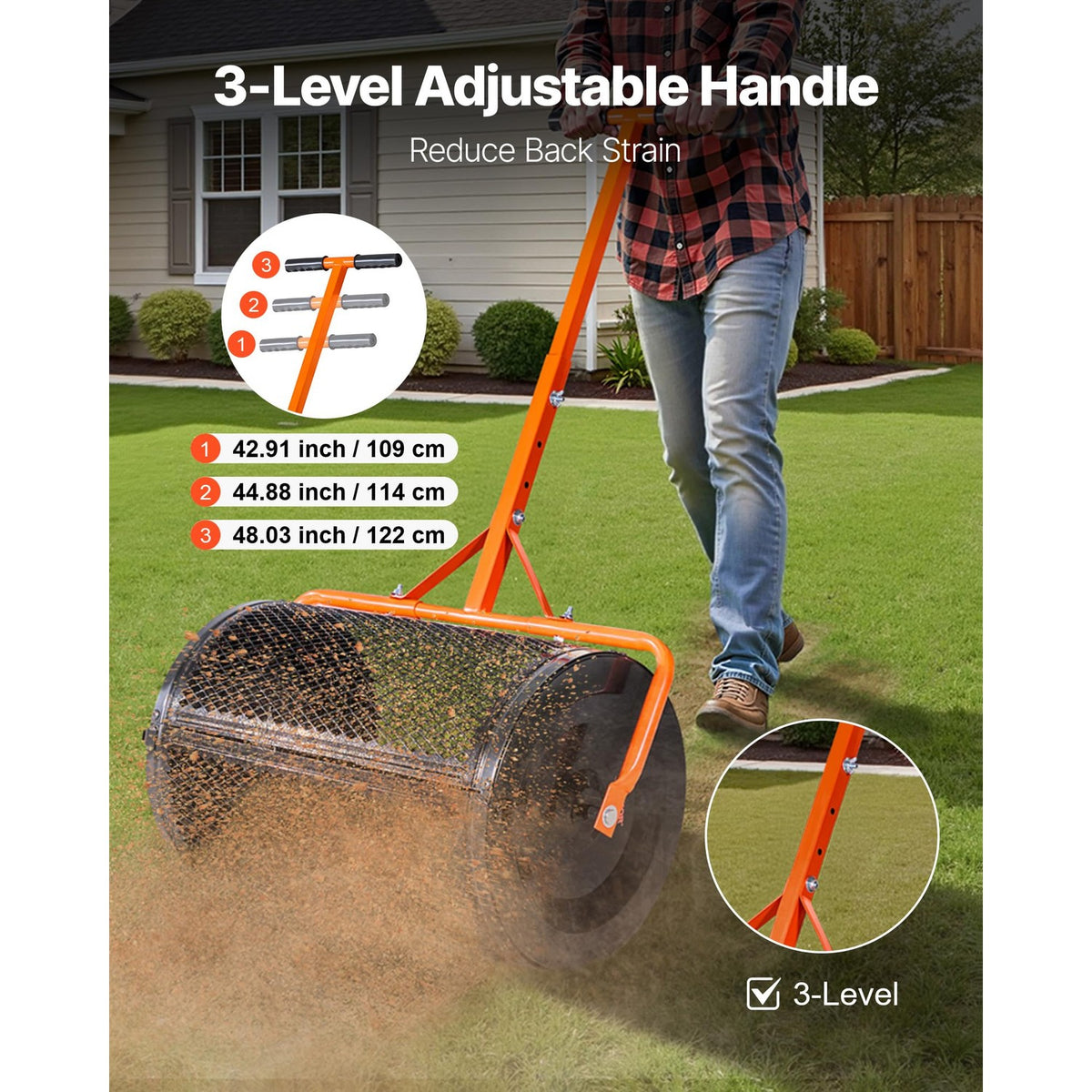 VEVOR Compost Spreader, 24 in Wide Peat Moss Spreader with T Shaped Handle, 3 Heights Adjustable, Powder-Coated Steel Garden Peat Moss Roller, Heavy Duty Grass Seed Spreaders for Planting Seeding