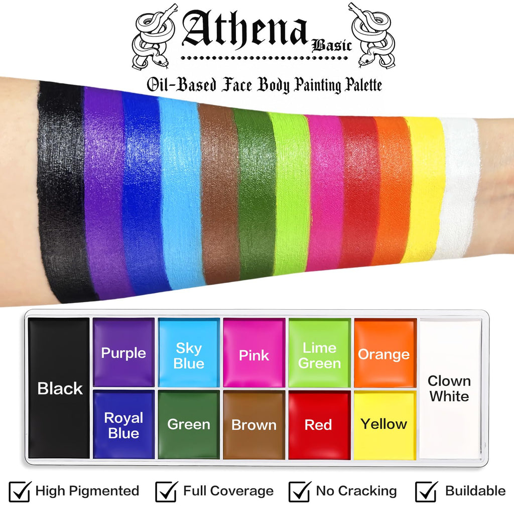UCANBE Athena Basic Face Body Paint Oil Palette, 12 Color Large Black White Professional Face Painting Makeup Kit, Facepaint Pallet for Halloween SFX Party Art Stage Costume Cosplay Clown Goth Make Up