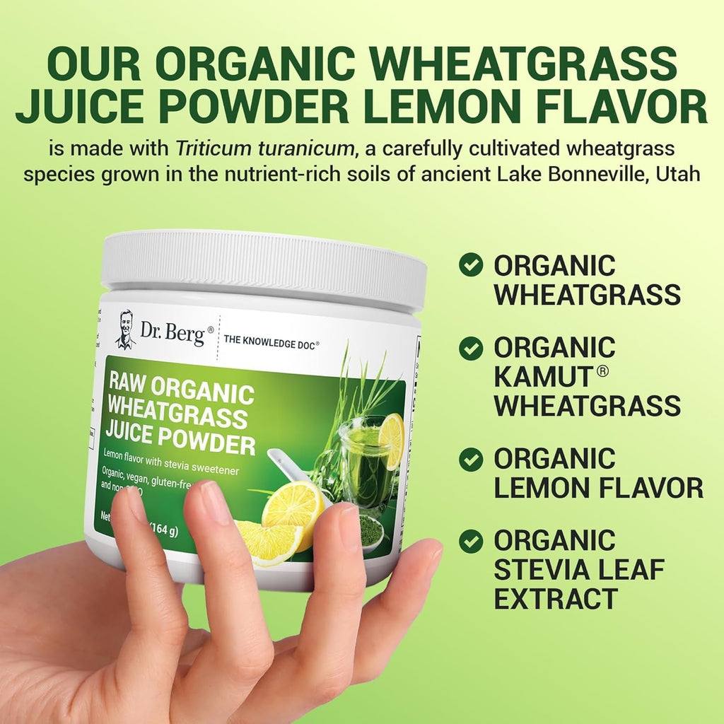 Buy now Dr. Berg USDA Certified Organic Green Powder Superfood (60 Servings) - Made with Raw Wheatgrass, Chlorophyll, Trace Minerals & Natural Enzymes - Non-GMO Green Superfood Powder - Lemon Flavor at indiglob india