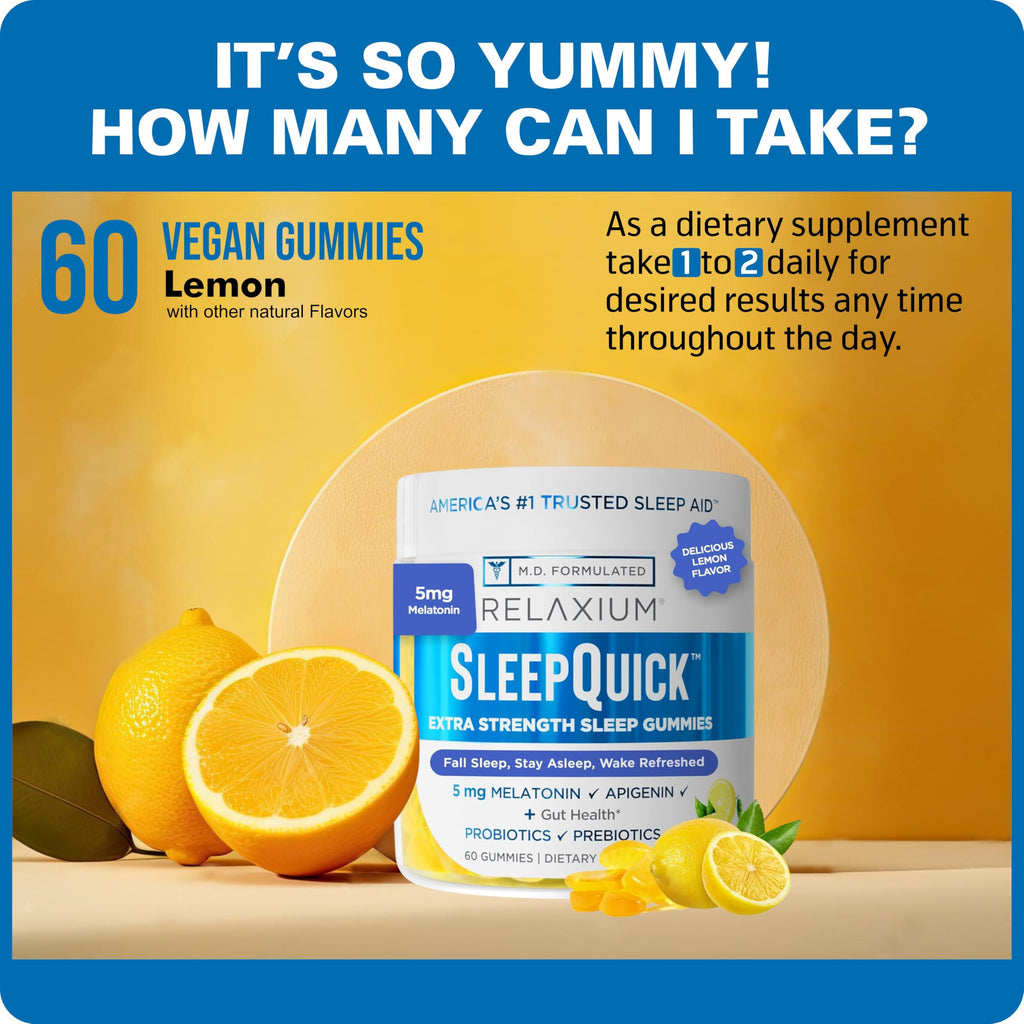 Relaxium SleepQuick Gummies, Sleep Aid, 5 mg Melatonin, D-3, Lemon, 60ct | Gut Health & Immune Support, Prebiotic Probiotic Blend, Gluten & Drug Free