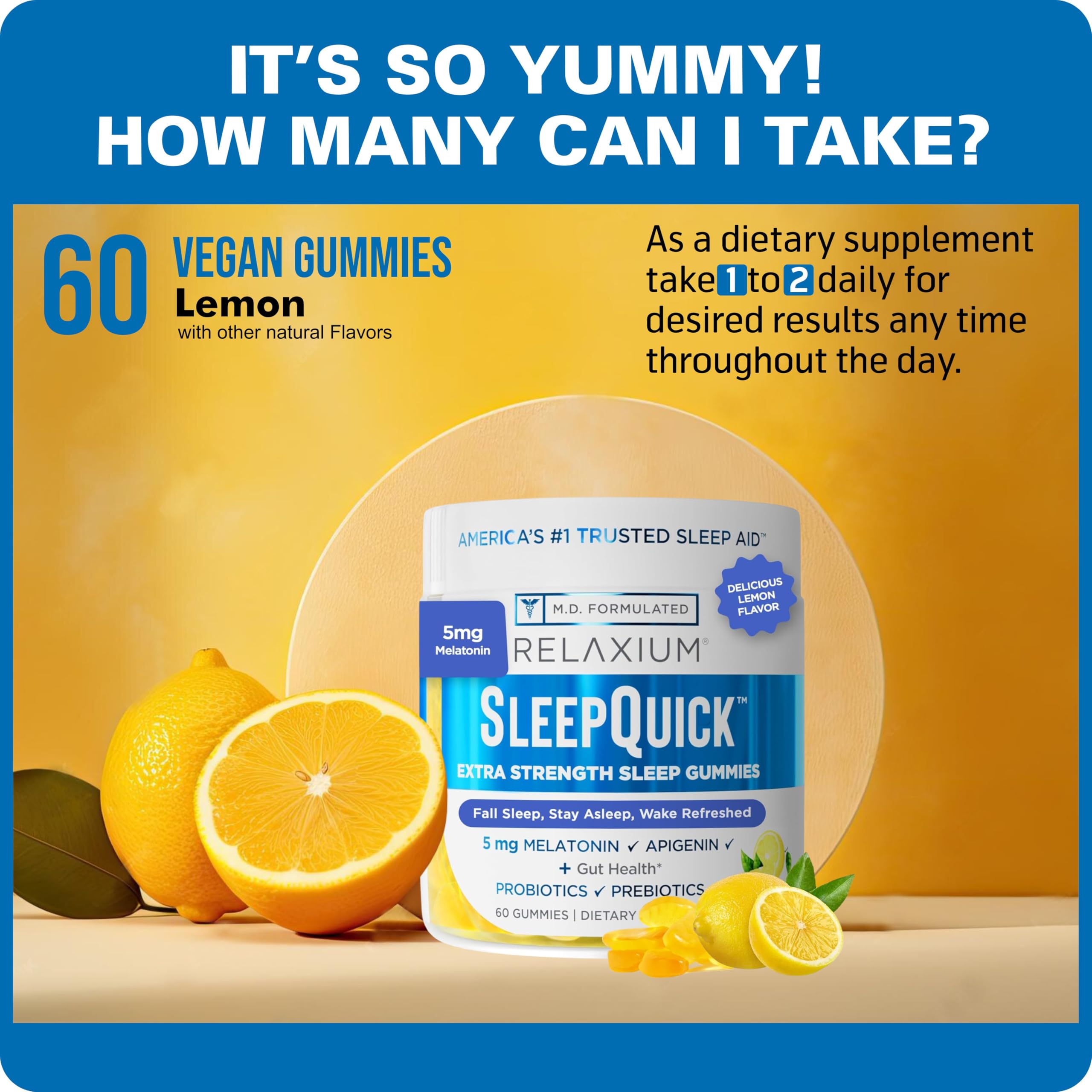 Relaxium SleepQuick Gummies, Sleep Aid, 5 mg Melatonin, D-3, Lemon, 60ct | Gut Health & Immune Support, Prebiotic Probiotic Blend, Gluten & Drug Free