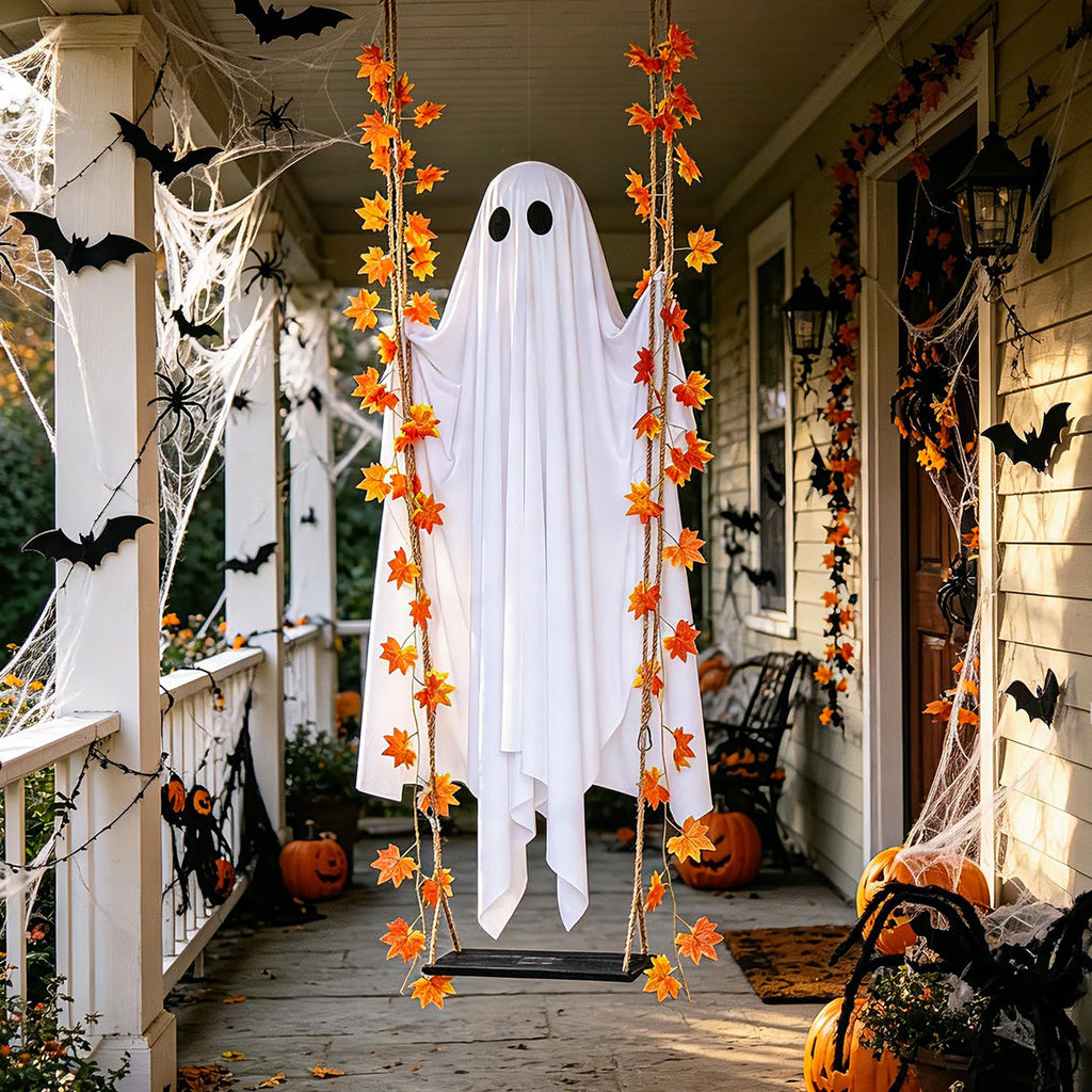 4.4 FT Swinging Ghost Halloween Decor - Outdoor Indoor Halloween Decorations with Ghost on A Swing for Outside Garden Yard Porch Tree, Hanging Large Spooky Cute Ghosts with String Lights for Party