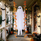4.4 FT Swinging Ghost Halloween Decor - Outdoor Indoor Halloween Decorations with Ghost on A Swing for Outside Garden Yard Porch Tree, Hanging Large Spooky Cute Ghosts with String Lights for Party