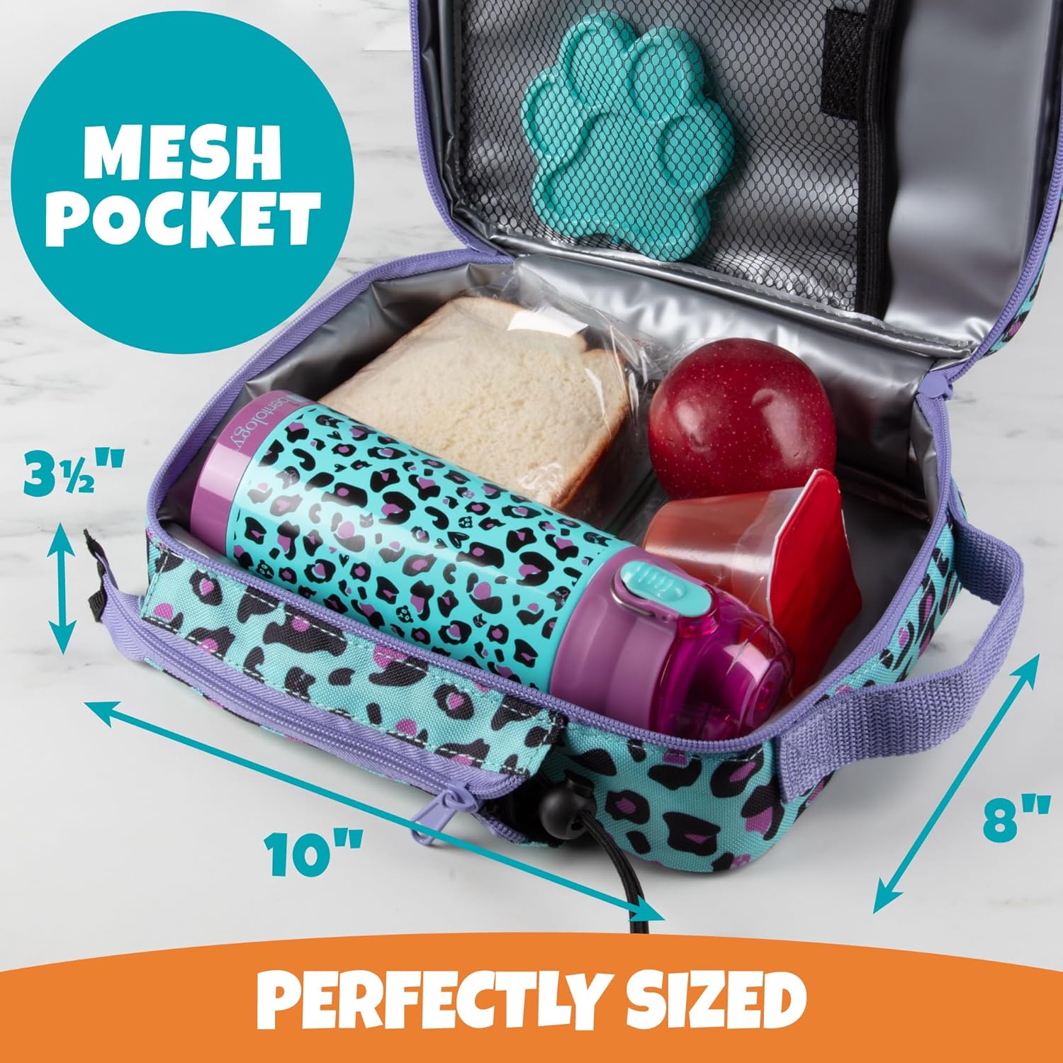 Buy now Bentology Kids Lunch Bag Set w Matching Reusable Water Bottle & Hard Ice Pack- Blue Purple Cheetah Cat- Insulated Tote, Stainless Steel Insulated Thermos, Hard Ice Pack- Back to School Lunchbox Kits at indiglob india