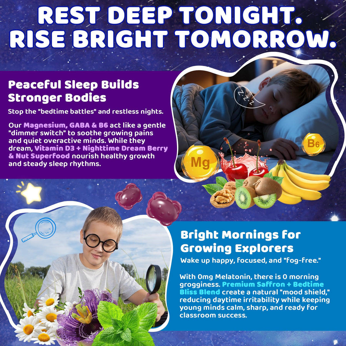 Kids Sleep Gummies Magnesium Glycinate D3 B6 Saffron No Melatonin Sleep Aid