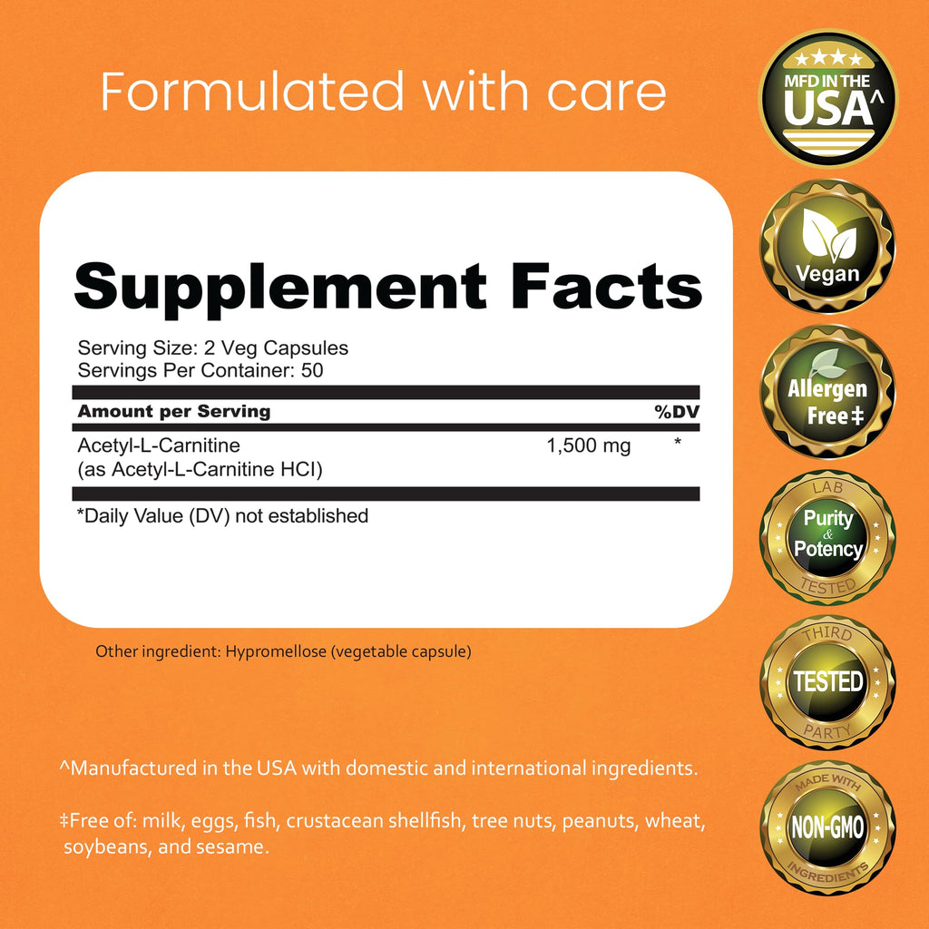 NaturaLife Labs Acetyl L-Carnitine (ALCAR) 1500 mg per Serving – 100 Capsules – Non-GMO, Gluten-Free, Vegan (2 Pack)